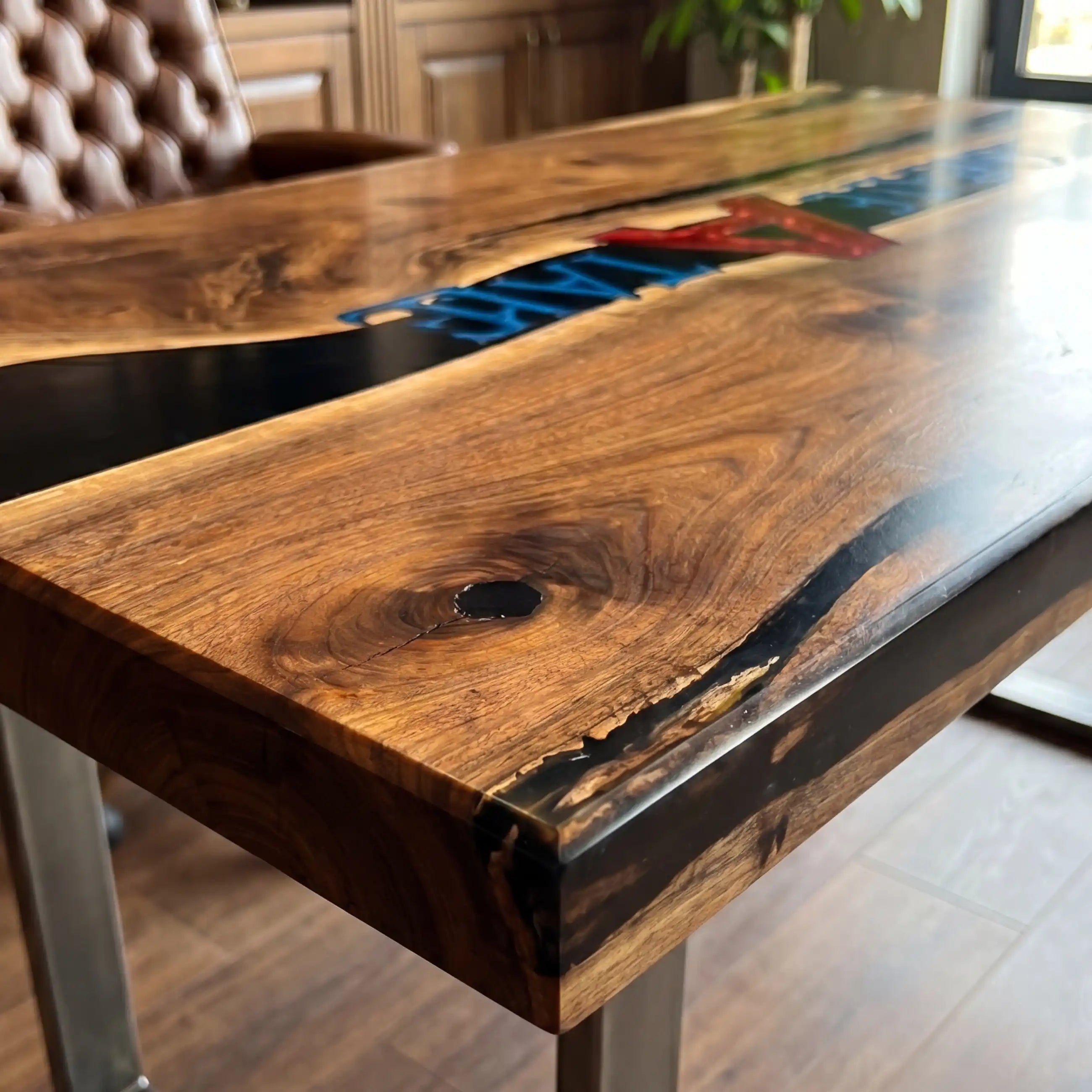 Custom Walnut and Midnight Blue Resin “Executive Signature” Series Desk (With Multi-Color Resin Inlay Logo) RD-52