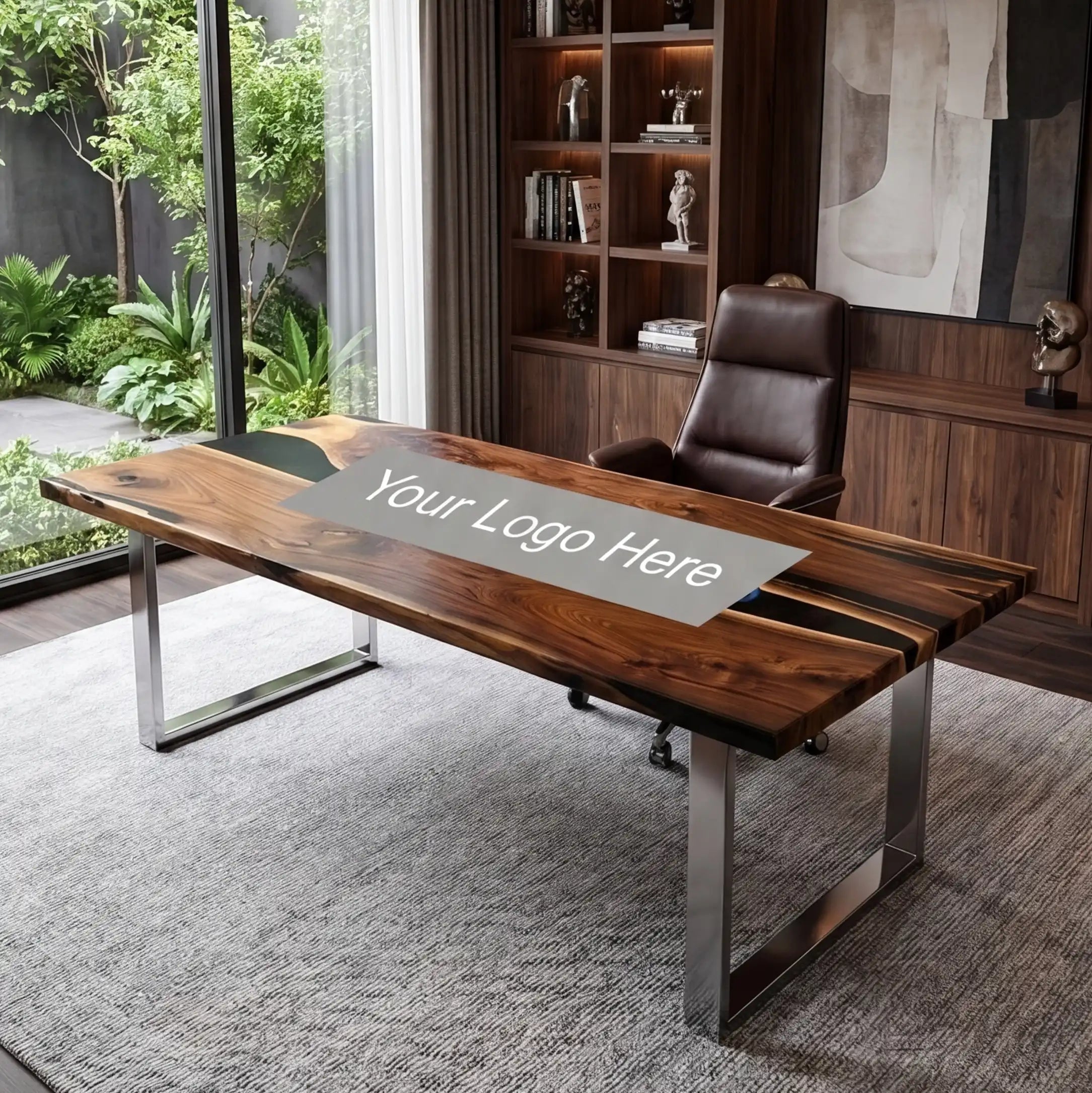 Custom Walnut and Midnight Blue Resin “Executive Signature” Series Desk (With Multi-Color Resin Inlay Logo) RD-52
