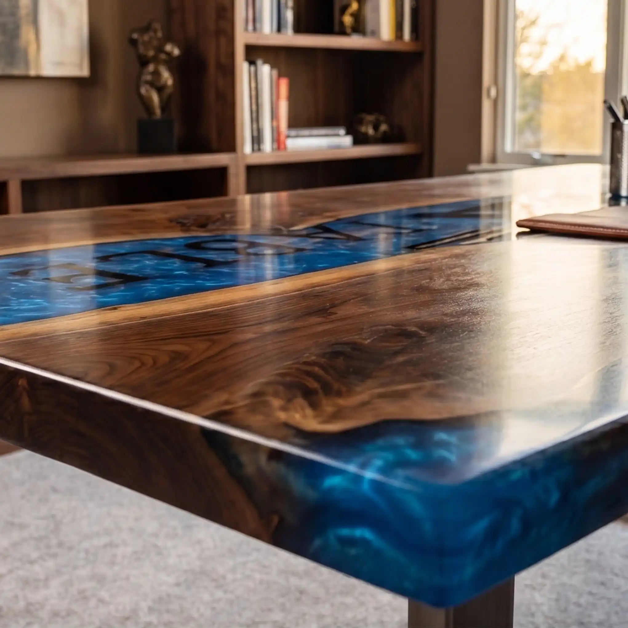 Custom Walnut and Sapphire Blue Resin “Executive Signature” Series Desk (With Black Resin Inlay Logo) RD-47