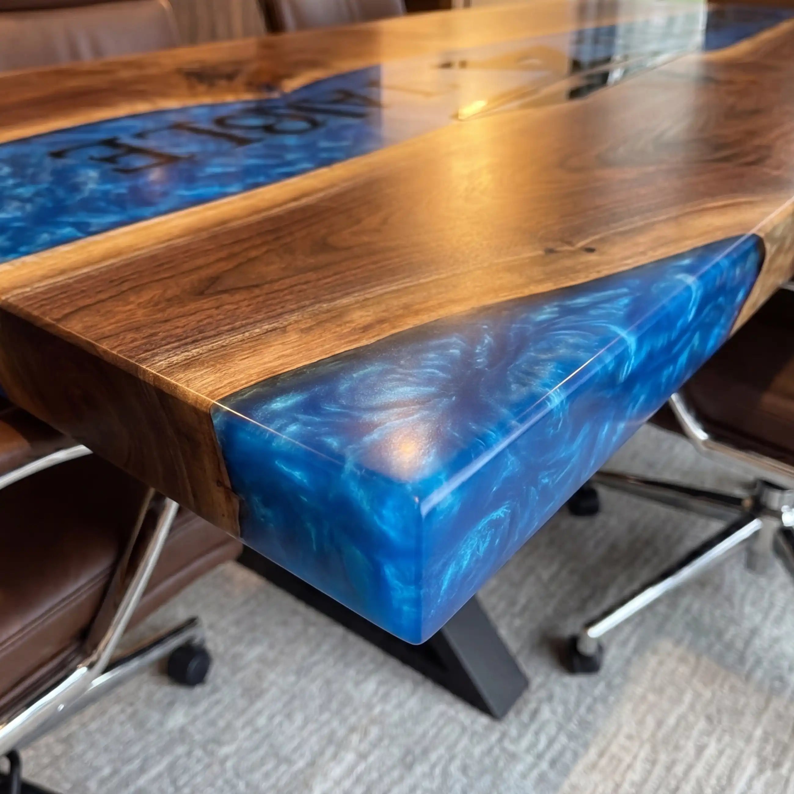Custom Walnut and Sapphire Blue Resin “Executive Signature” Series Desk (With Black Resin Inlay Logo) RD-47