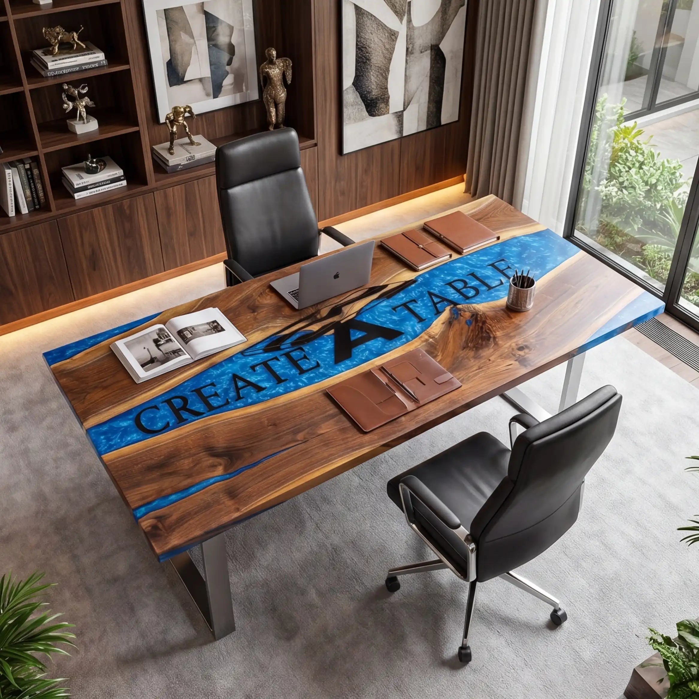Custom Walnut and Sapphire Blue Resin “Executive Signature” Series Desk (With Black Resin Inlay Logo) RD-47