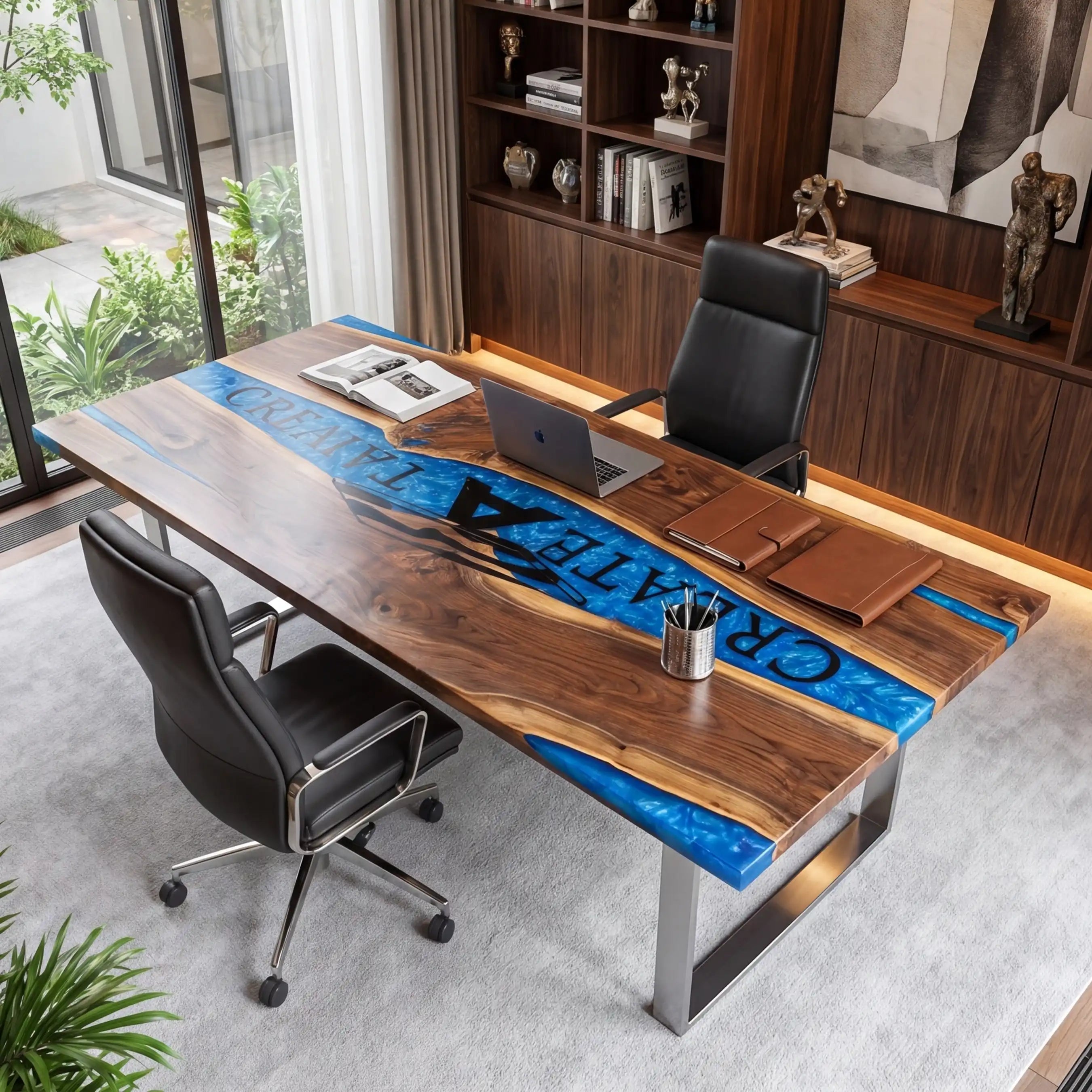 Custom Walnut and Sapphire Blue Resin “Executive Signature” Series Desk (With Black Resin Inlay Logo) RD-47