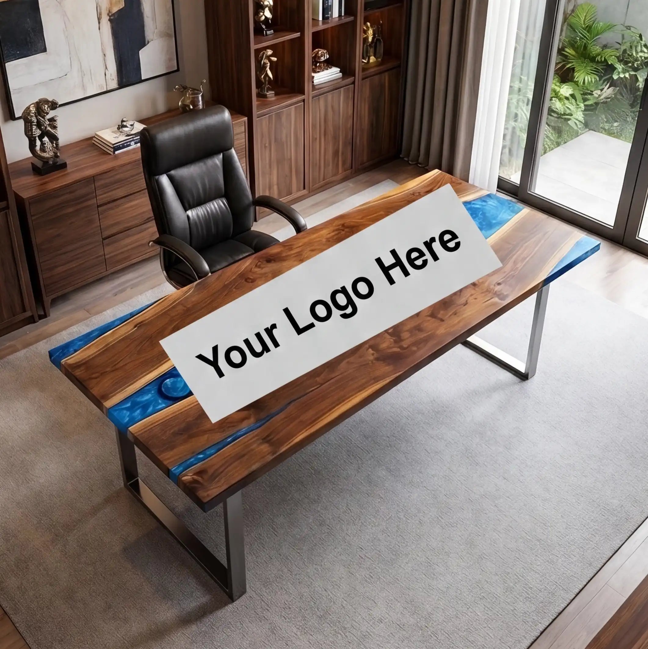 Custom Walnut and Sapphire Blue Resin “Executive Signature” Series Desk (With Black Resin Inlay Logo) RD-47