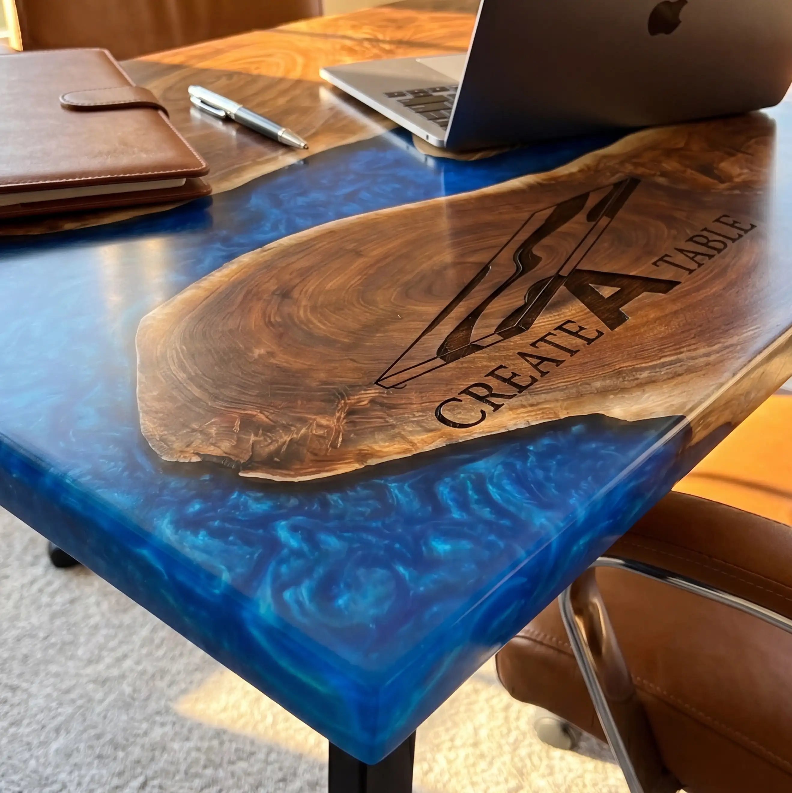 Custom Walnut and Sapphire Blue Resin “Executive Signature” Series Desk (With Custom Corporate Logo) RD-39