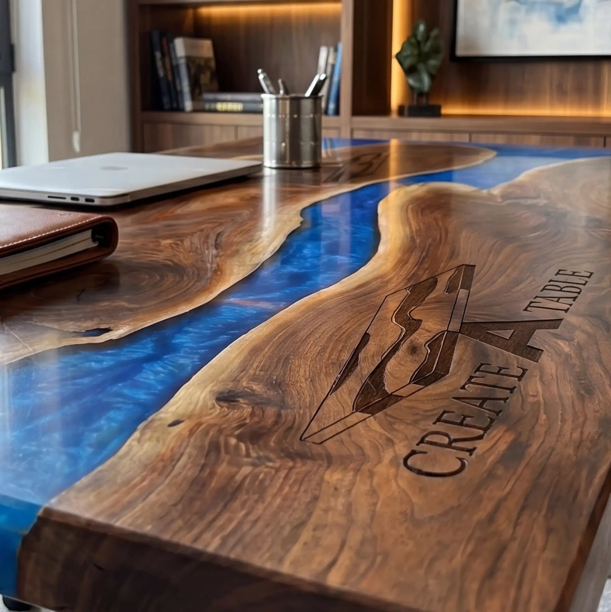 Custom Walnut and Sapphire Blue Resin “Executive Signature” Series Desk (With Custom Corporate Logo) RD-39