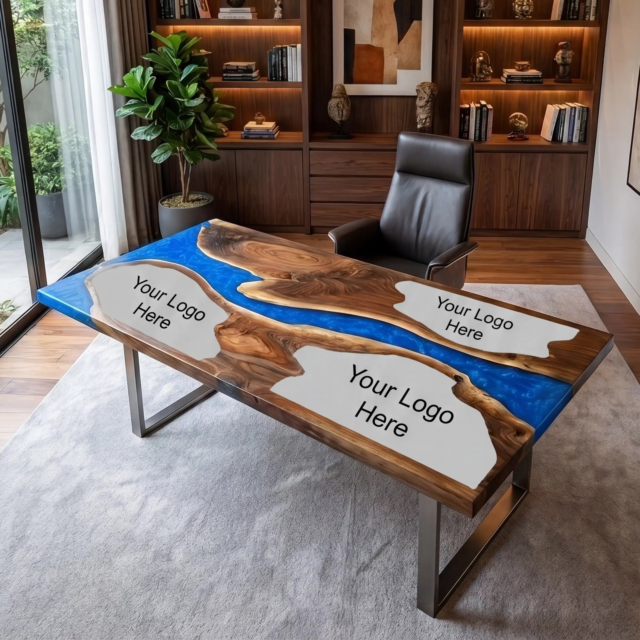 Custom Walnut and Sapphire Blue Resin “Executive Signature” Series Desk (With Custom Corporate Logo) RD-39
