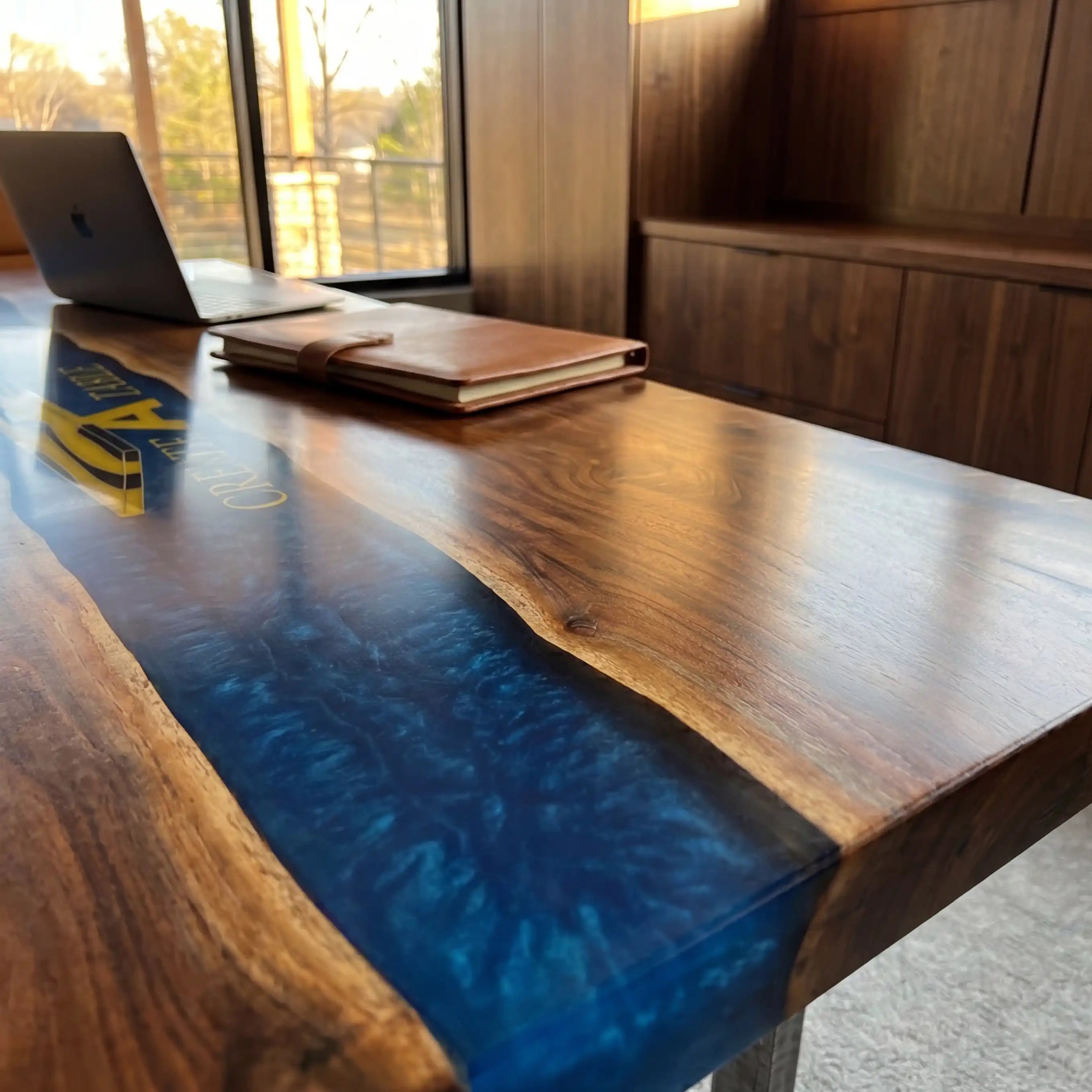 Custom Walnut and Sapphire Blue Resin “Executive Signature” Series Desk (With Gold Resin Inlay Logo) RD-48