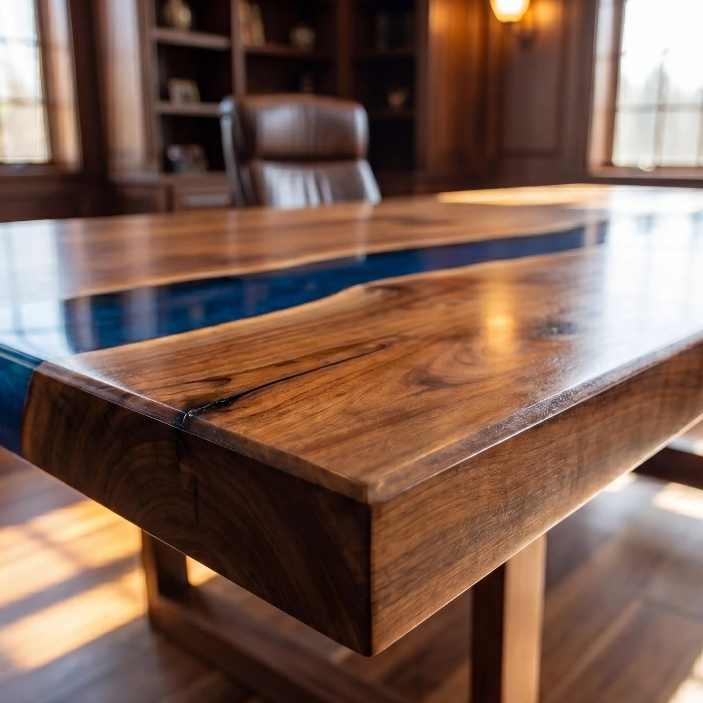 Custom Walnut and Sapphire Blue Resin “Executive Signature” Series Desk (With Gold Resin Inlay Logo) RD-48