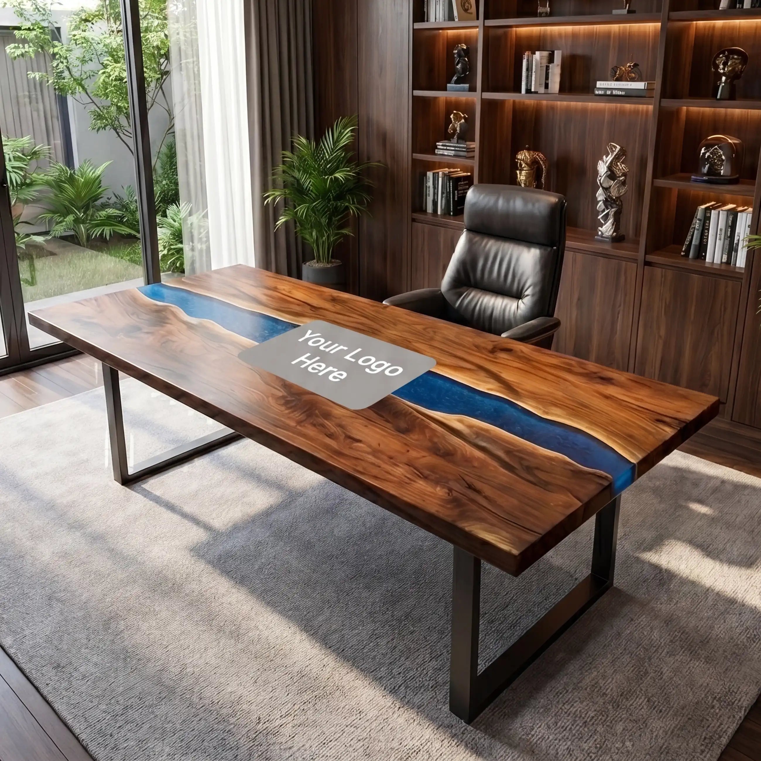 Custom Walnut and Sapphire Blue Resin “Executive Signature” Series Desk (With Gold Resin Inlay Logo) RD-48