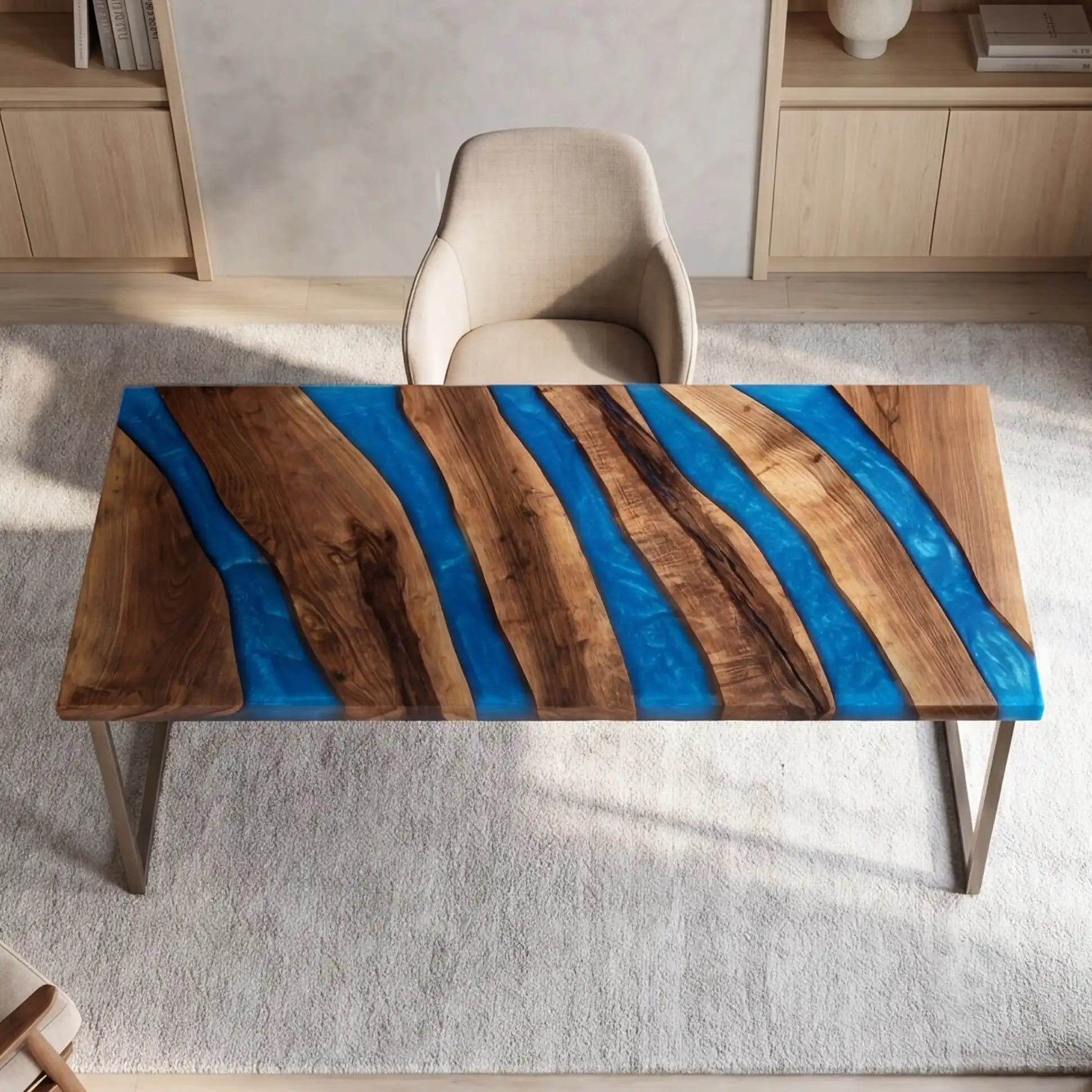 Custom Walnut and Vibrant Blue Resin “Modern Organic” Series Multi-River Desk RD-55