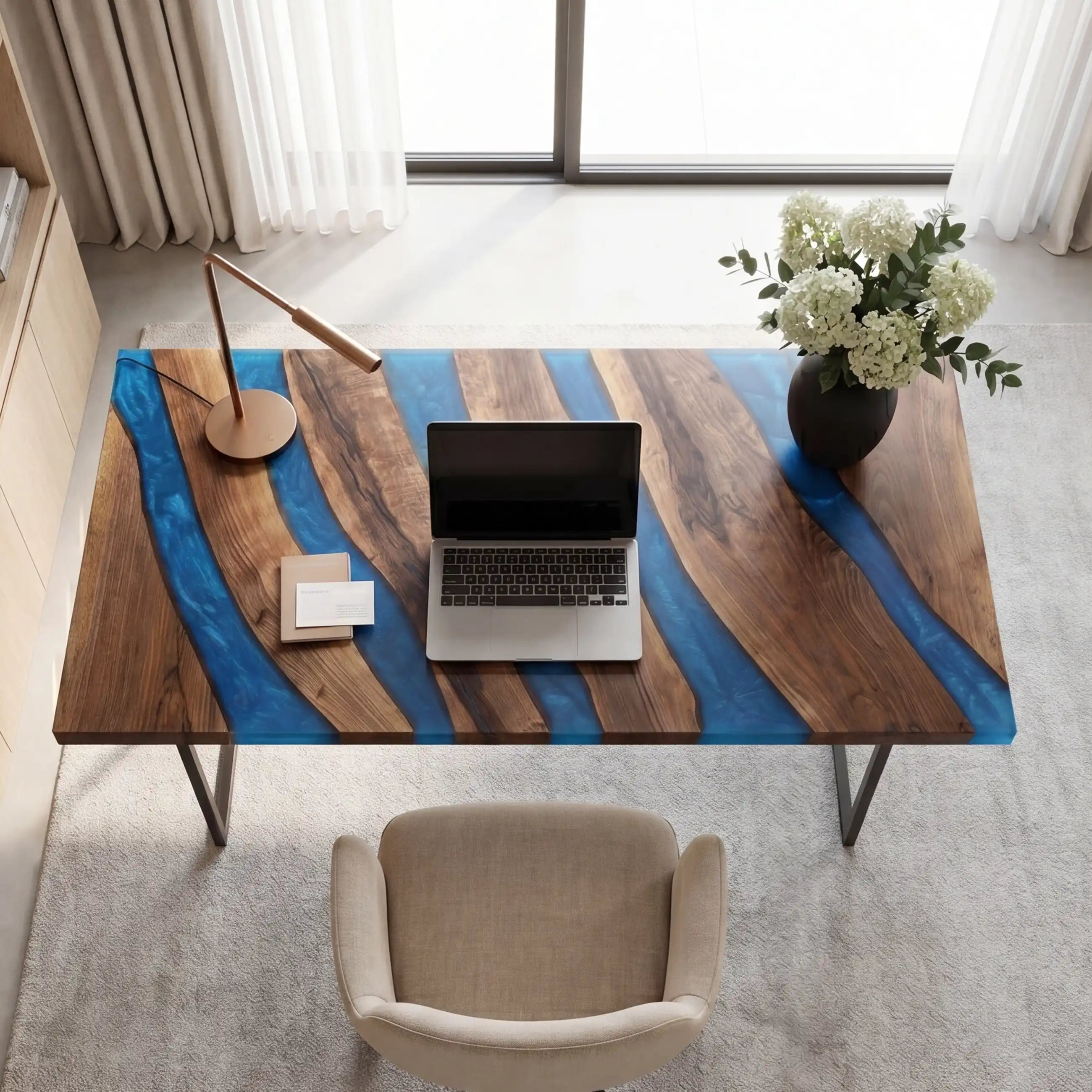 Custom Walnut and Vibrant Blue Resin “Modern Organic” Series Multi-River Desk RD-55