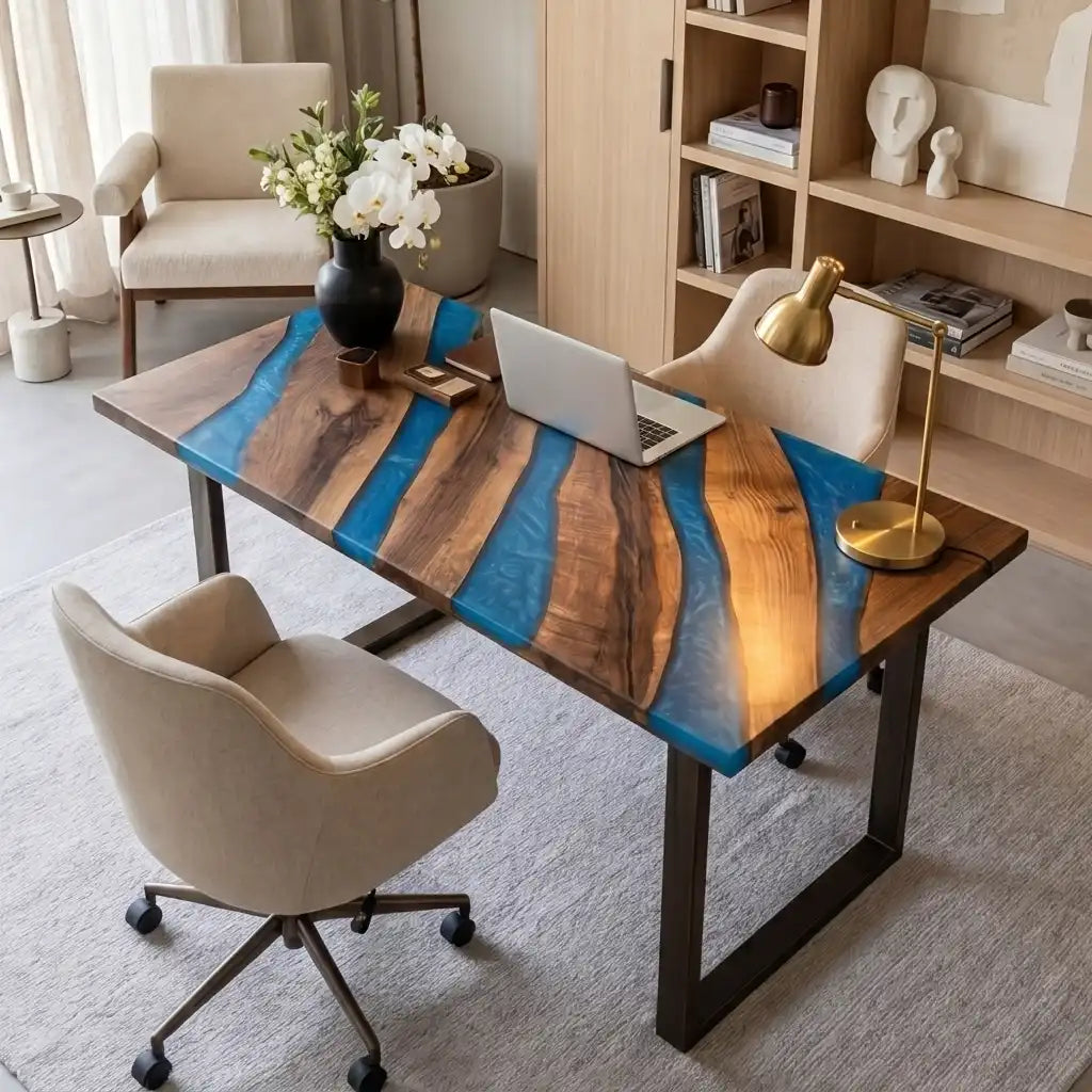 Custom Walnut and Vibrant Blue Resin “Modern Organic” Series Multi-River Desk RD-55