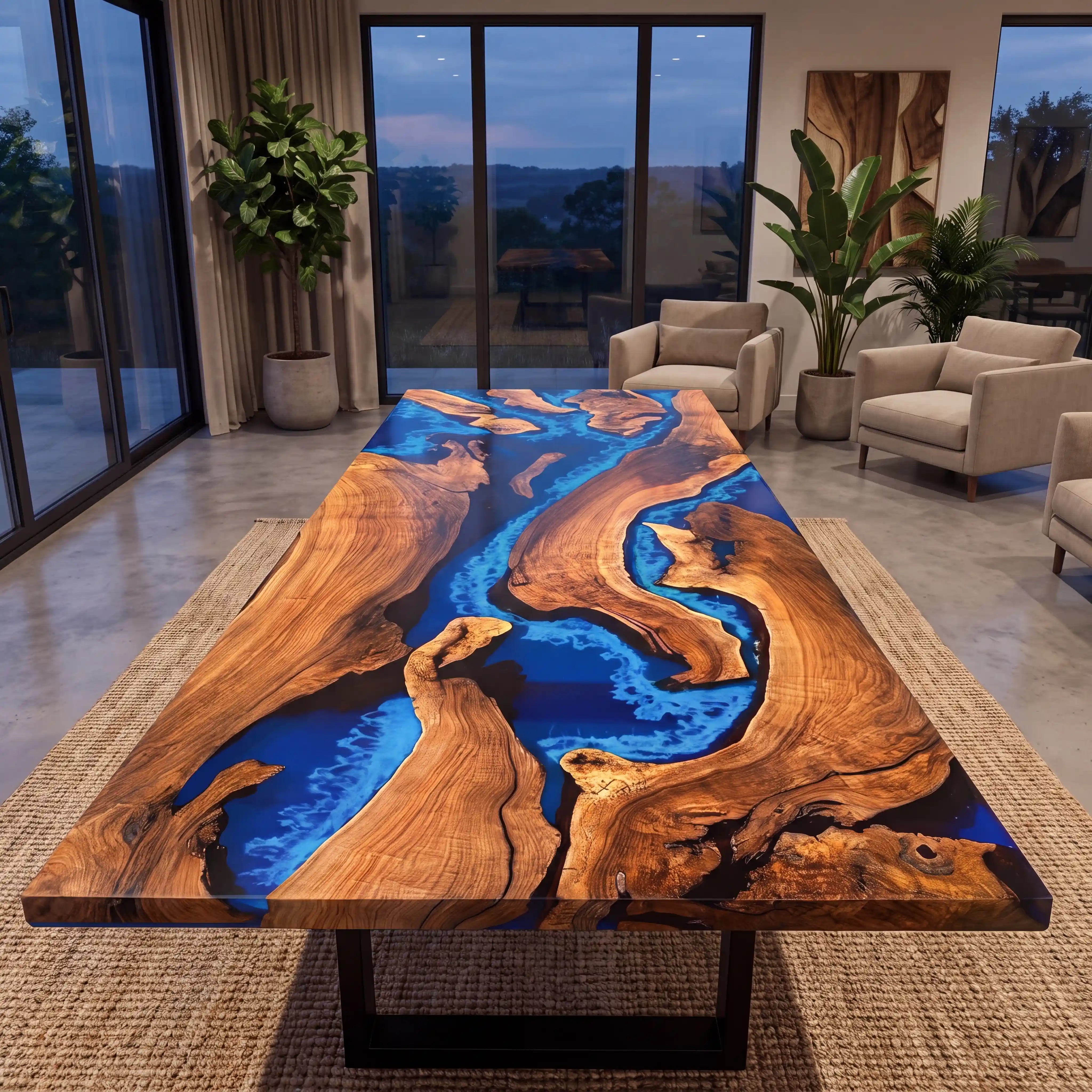 Custom Black Walnut Epoxy Resin River Table Blue Waves XPT-27
