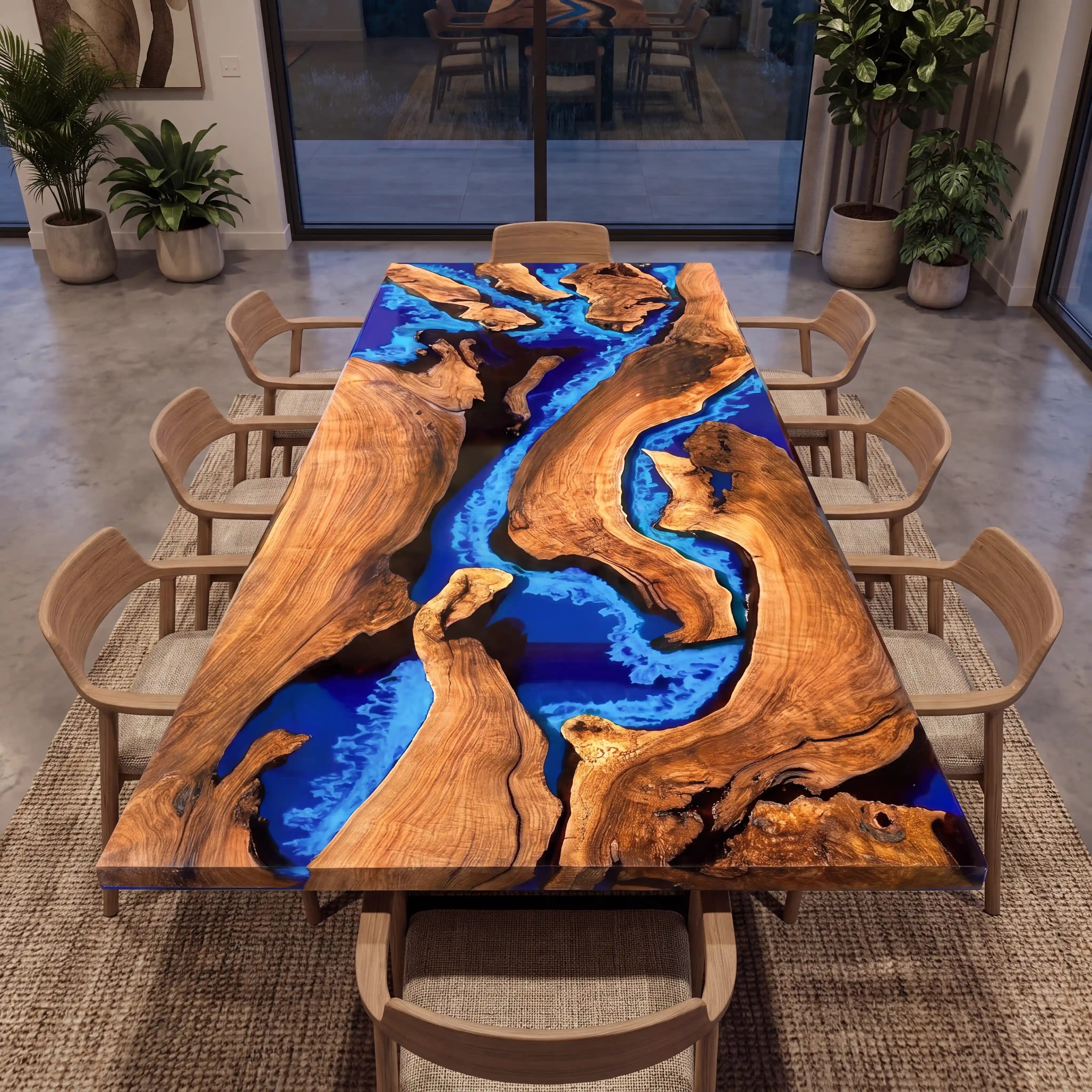 Custom Black Walnut Epoxy Resin River Table Blue Waves XPT-27