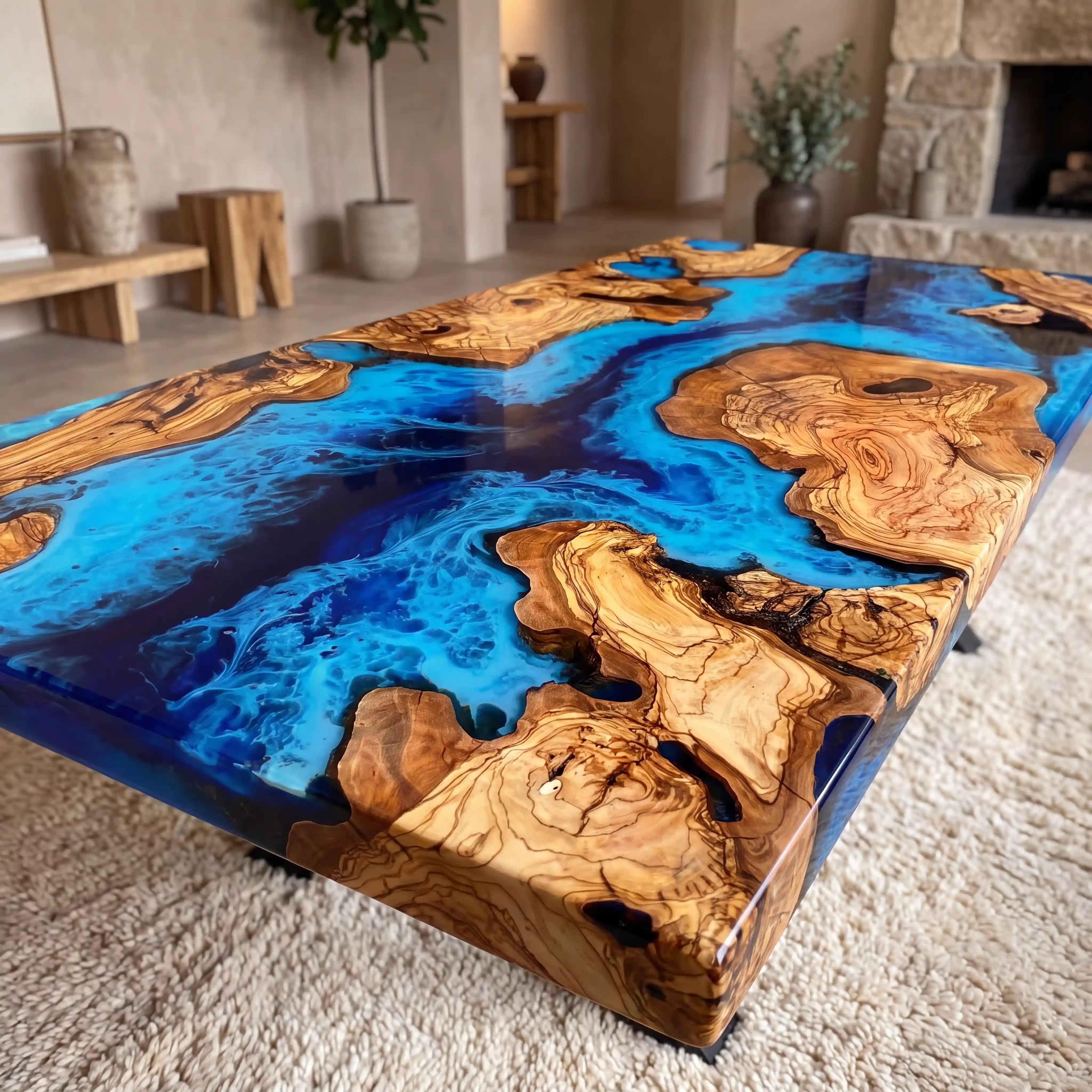 Custom Olive Epoxy Resin River Table Blue Waves ERT-38