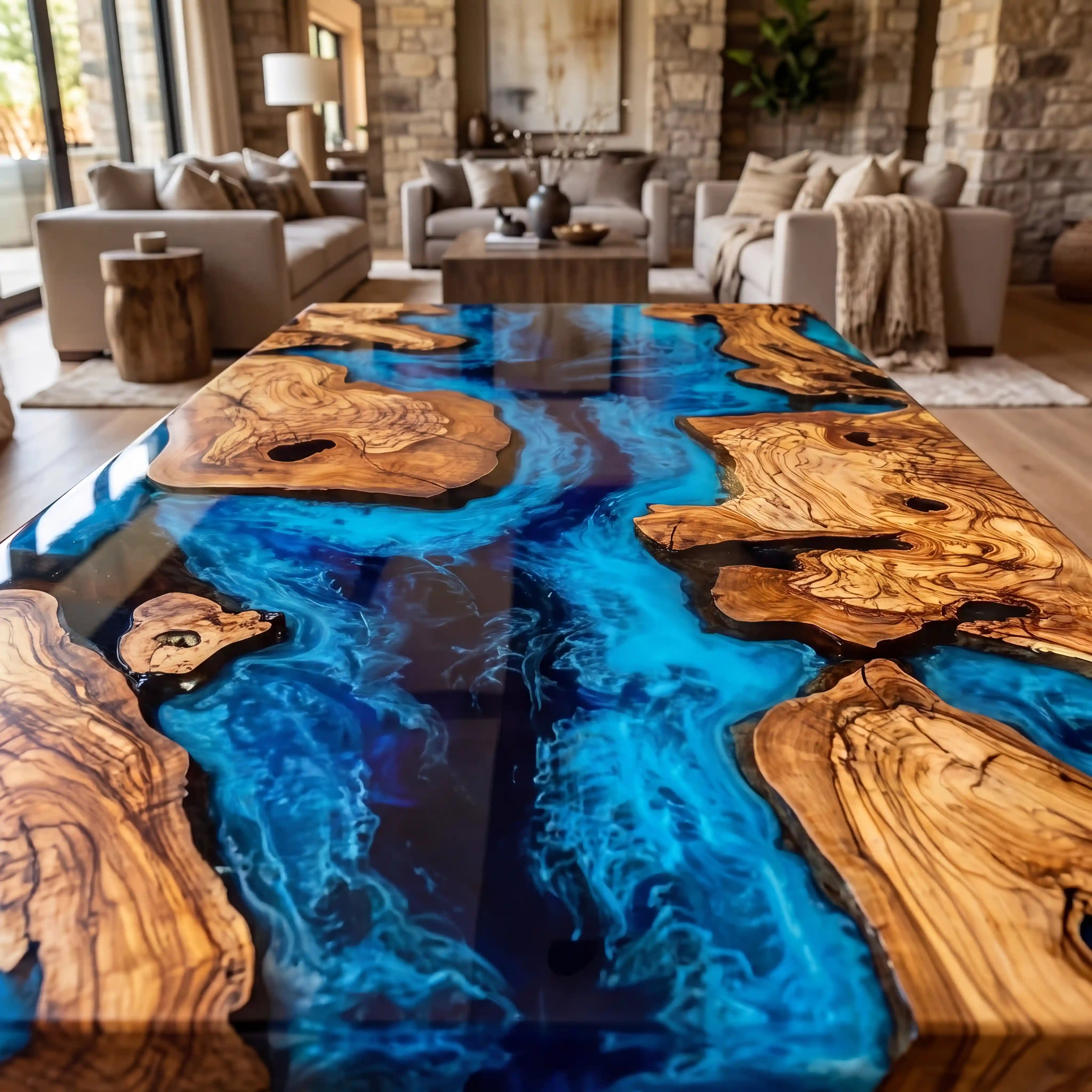 Custom Olive Epoxy Resin River Table Blue Waves ERT-38