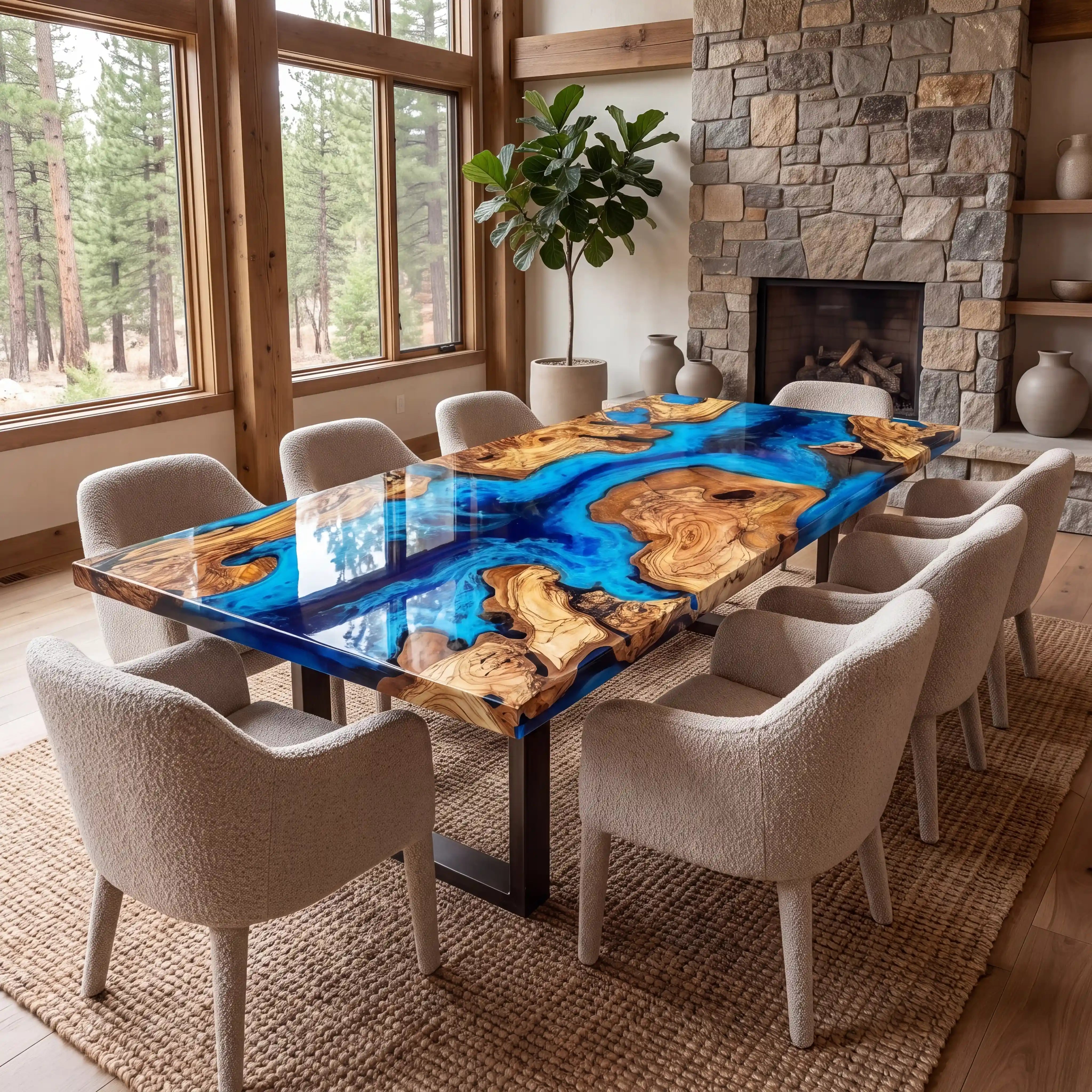 Custom Olive Epoxy Resin River Table Blue Waves ERT-38
