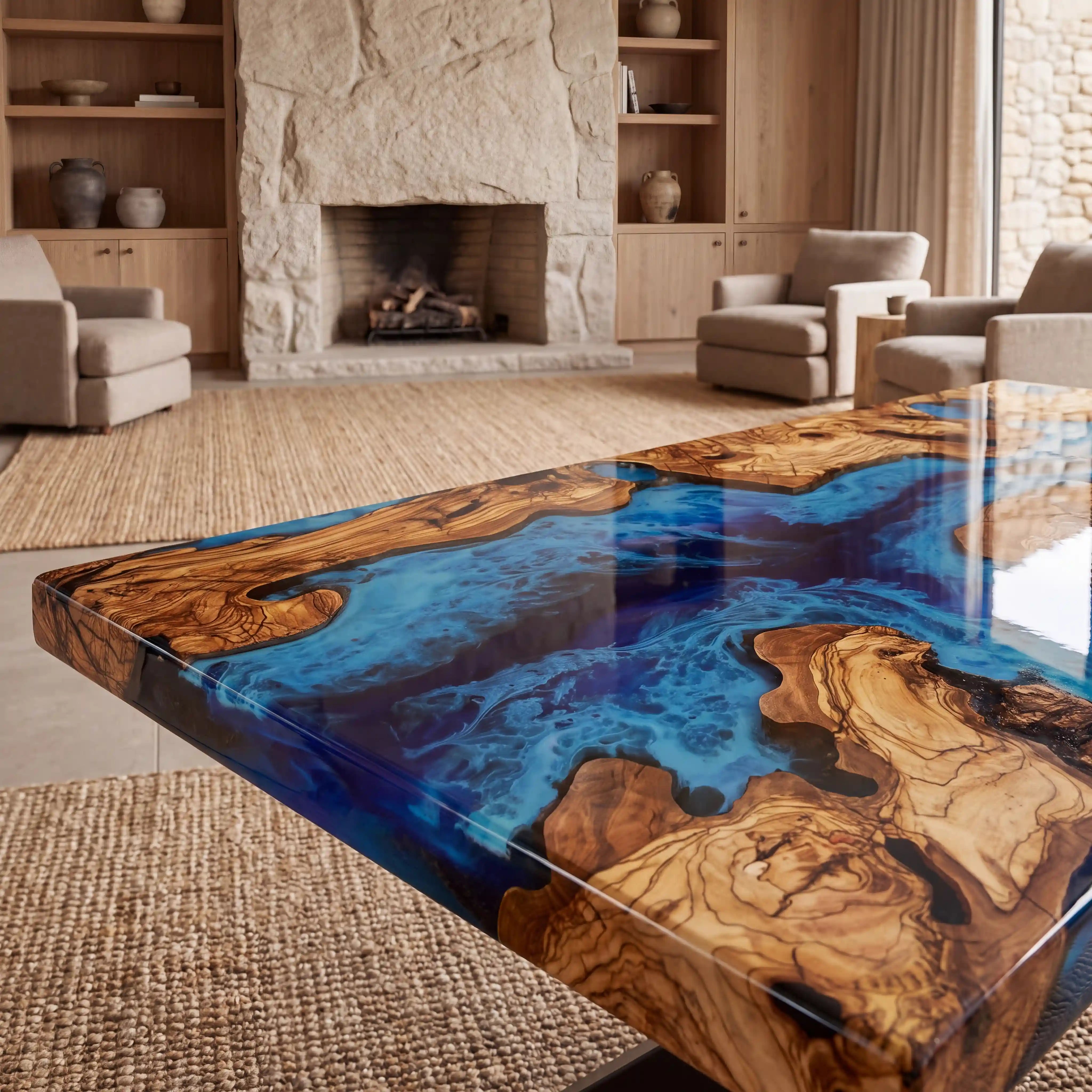 Custom Olive Epoxy Resin River Table Blue Waves ERT-38