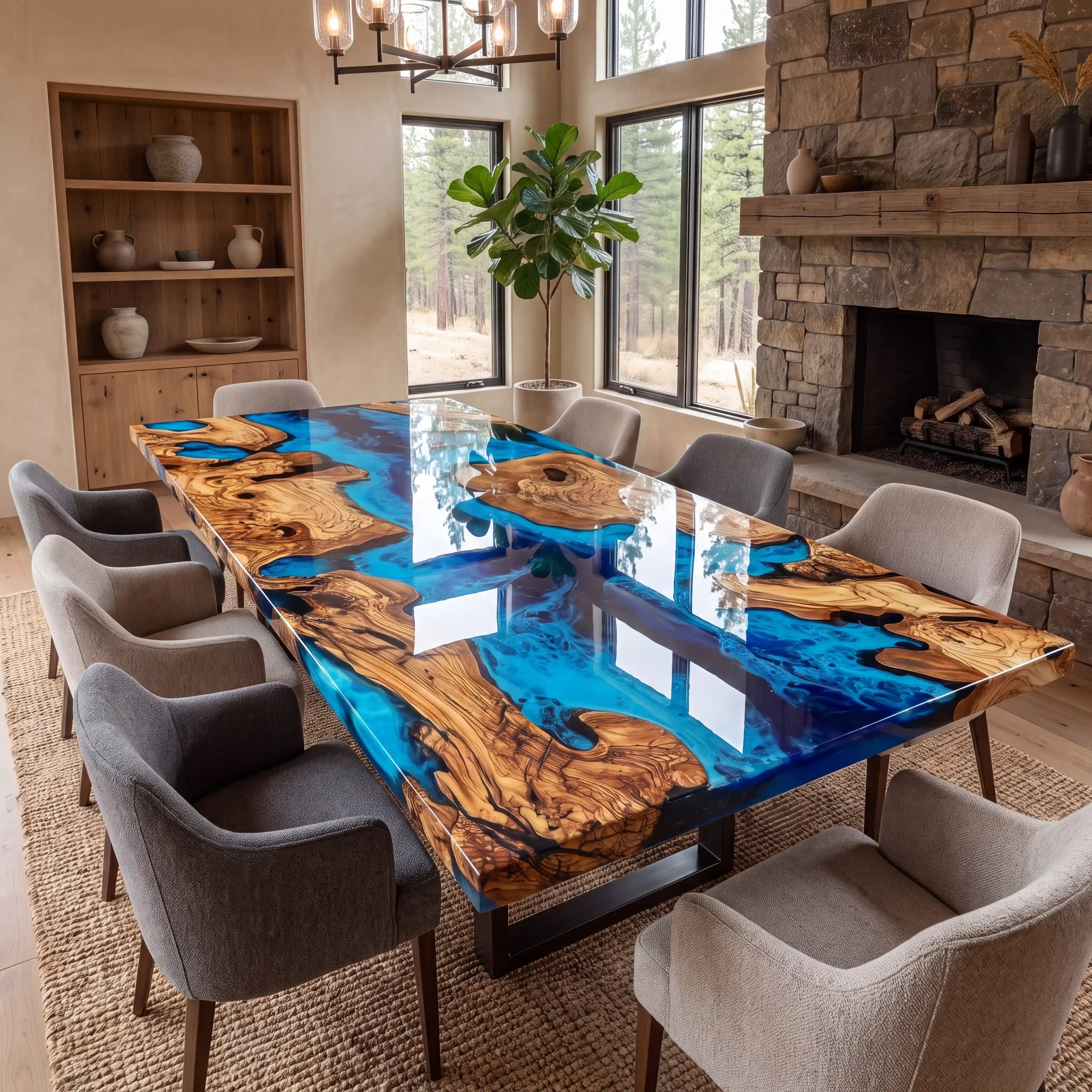 Custom Olive Epoxy Resin River Table Blue Waves ERT-38