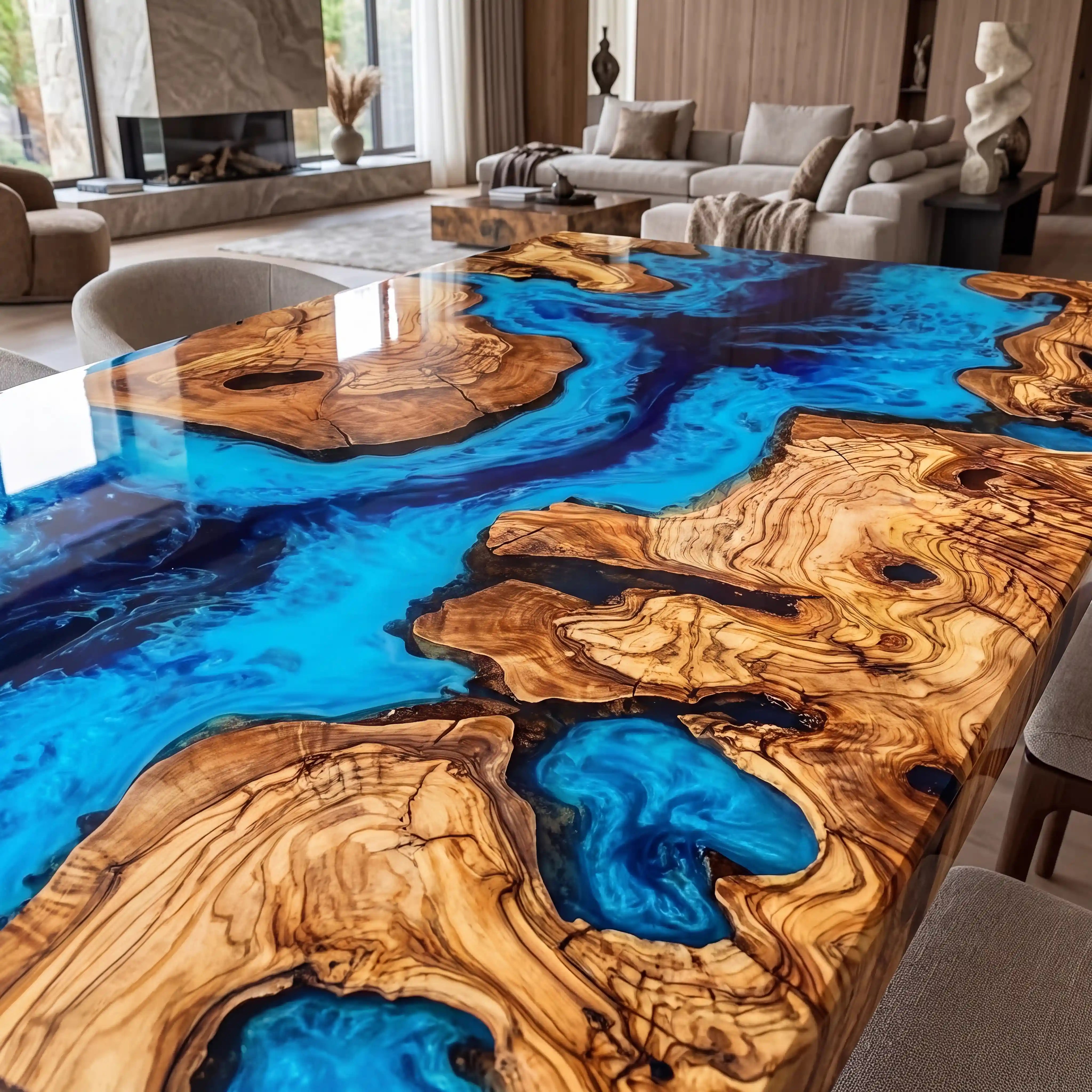 Custom Olive Epoxy Resin River Table Blue Waves ERT-38