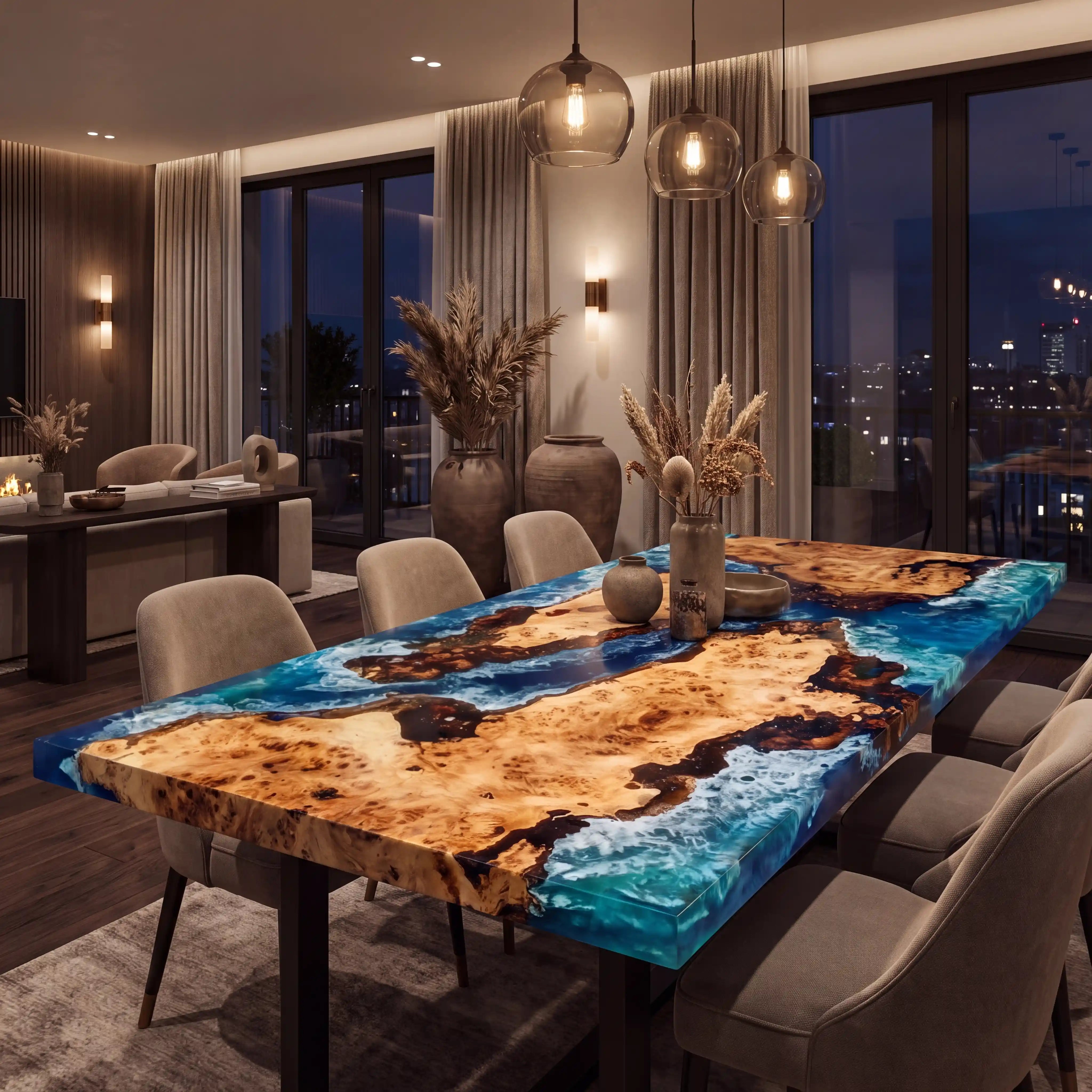 Custom Poplar Epoxy Resin River Table Blue Waves QZT-15
