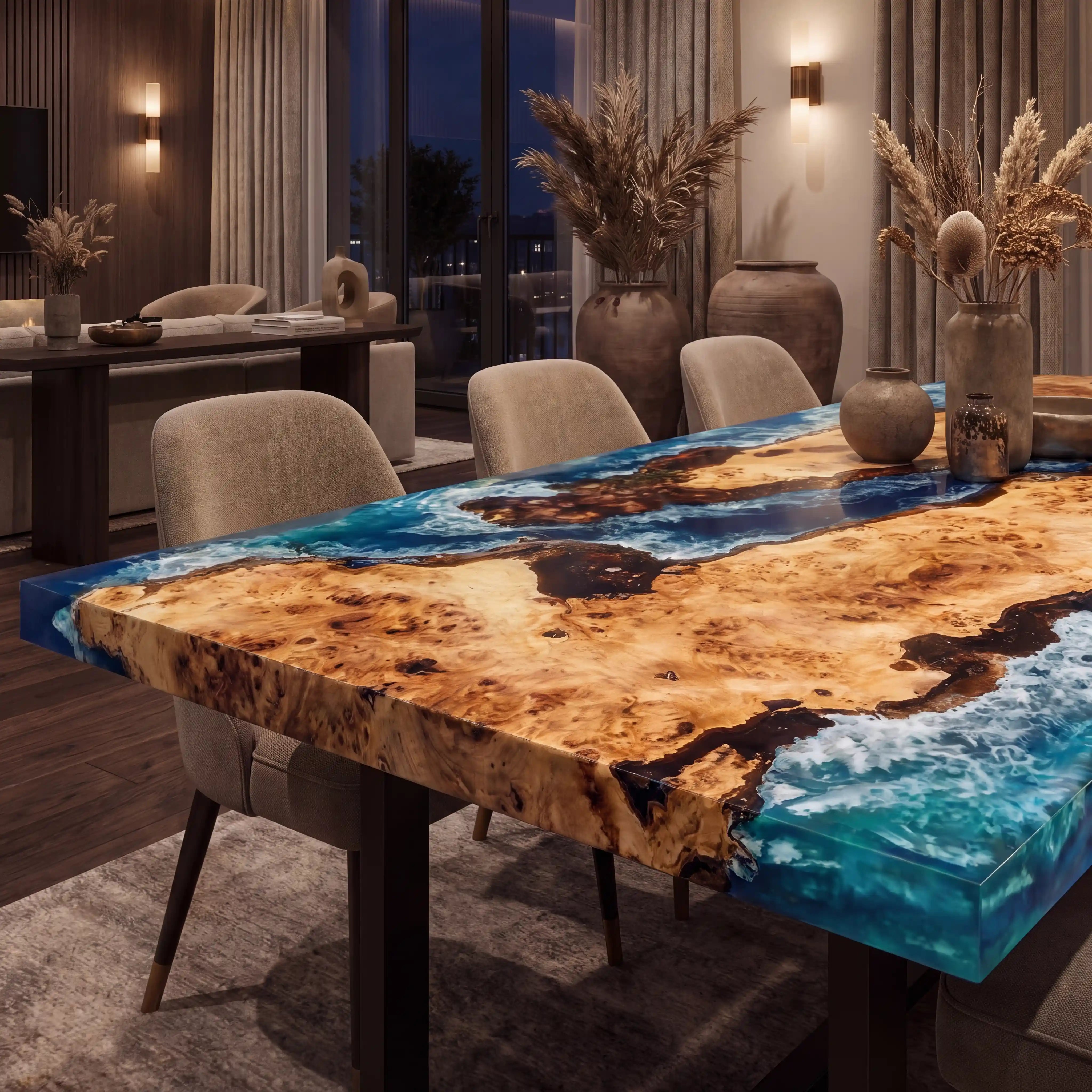 Custom Poplar Epoxy Resin River Table Blue Waves QZT-15