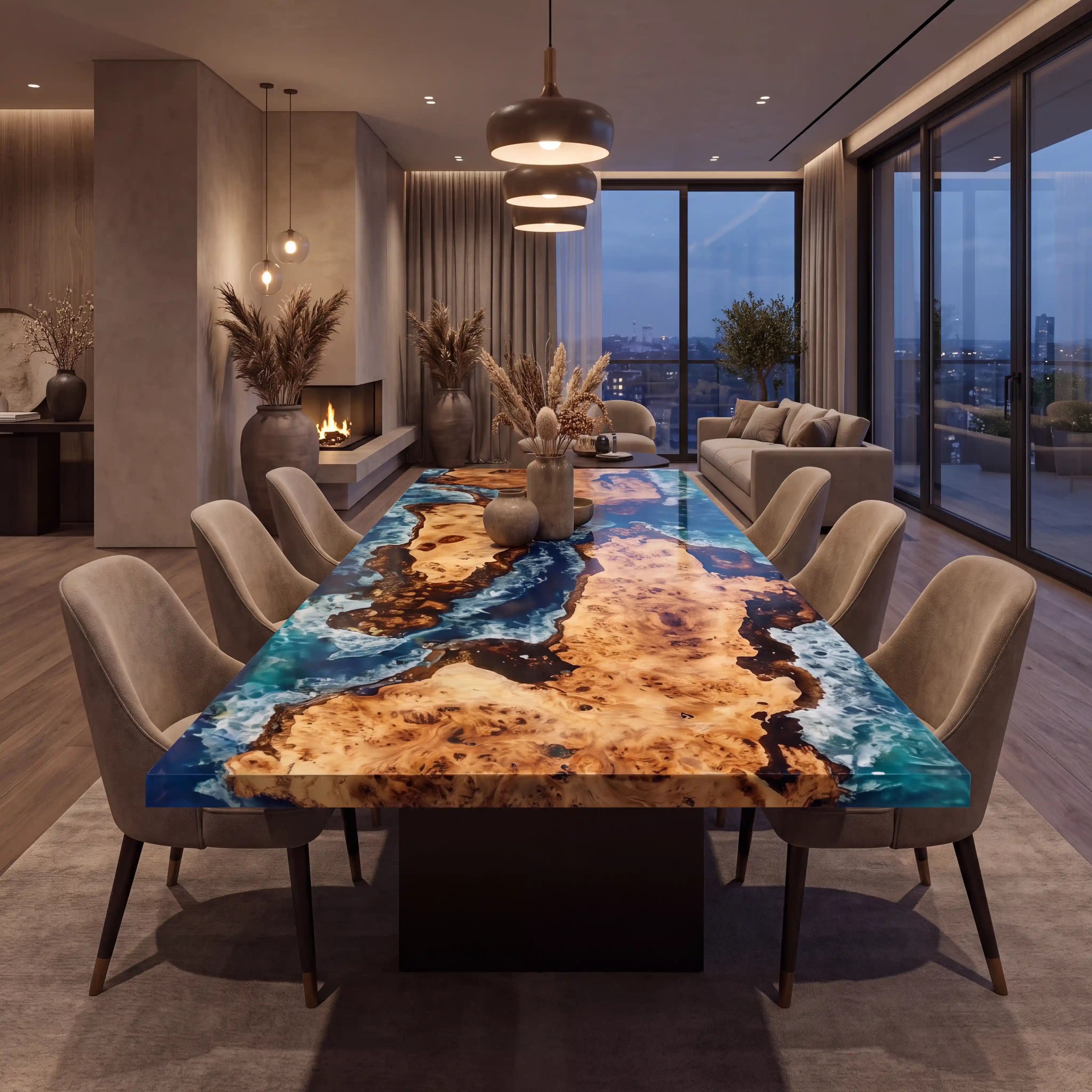 Custom Poplar Epoxy Resin River Table Blue Waves QZT-15