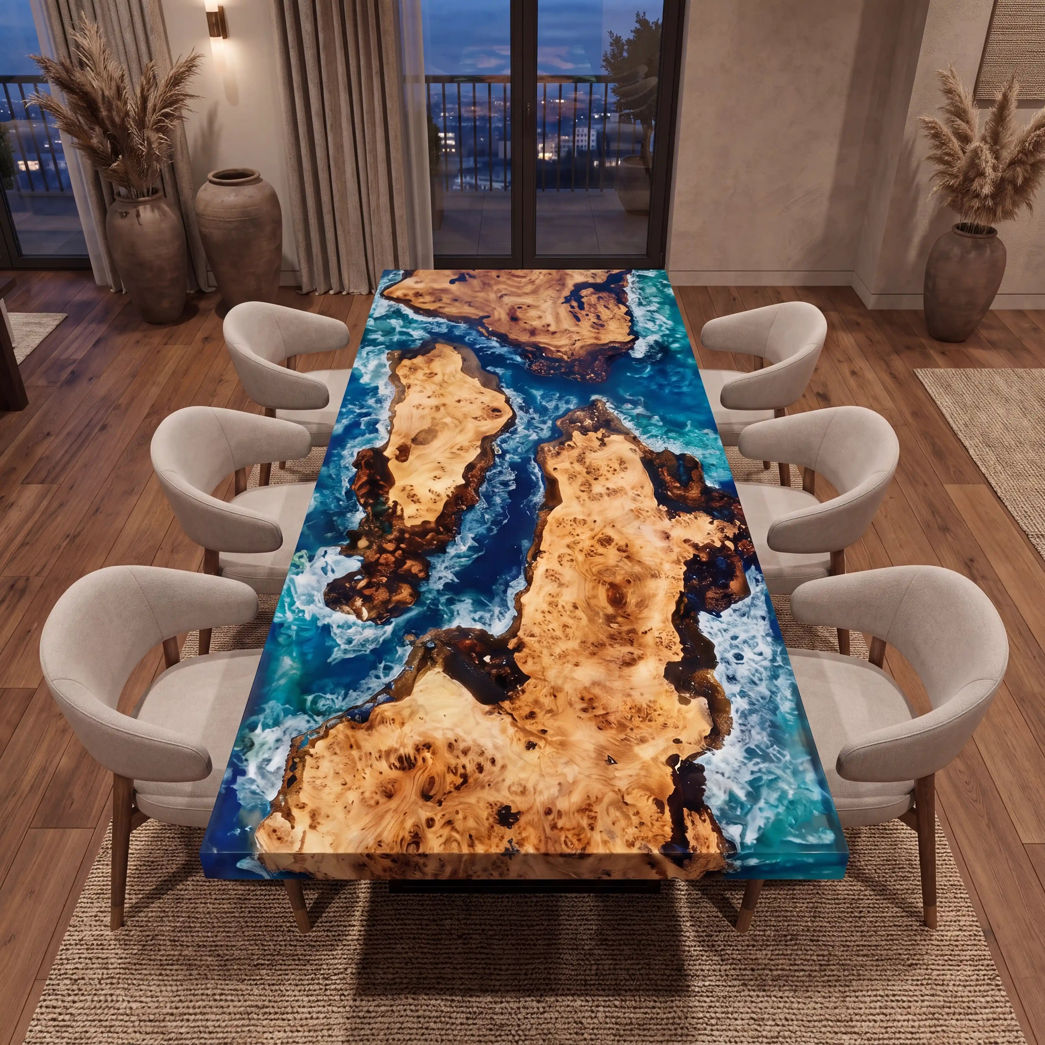 Custom Poplar Epoxy Resin River Table Blue Waves QZT-15