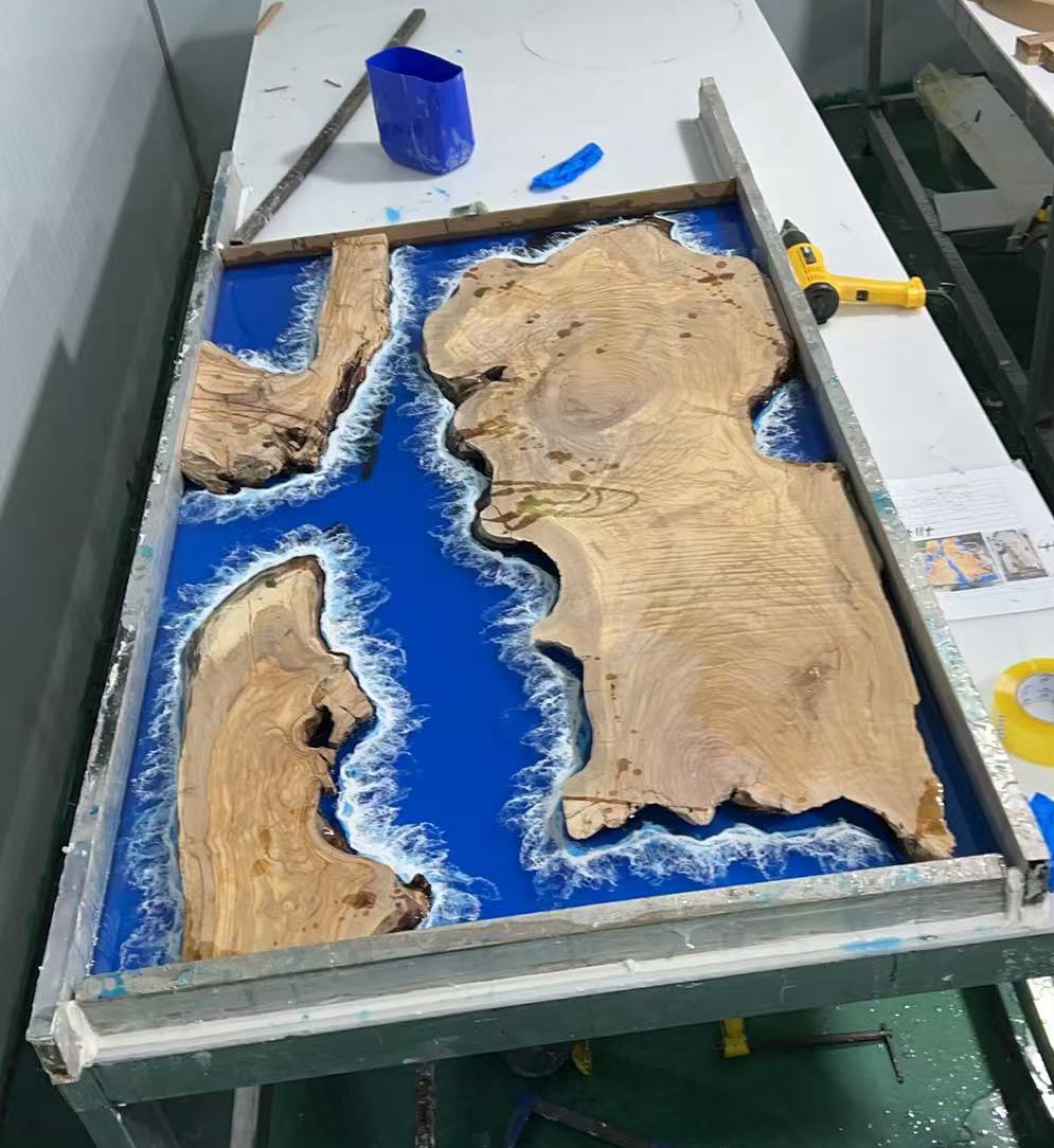 Custom Olive Epoxy Resin River Table Blue Waves ORT-27