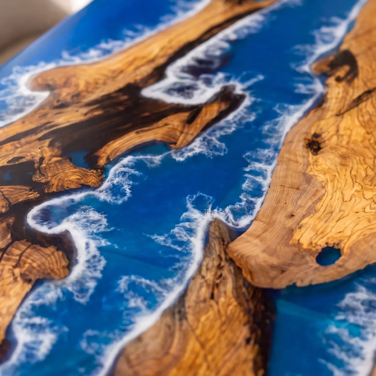 72 x 40 x 1.96 inch Olive Wood Blue & White Seawave resin Rectangular dining table photo 2