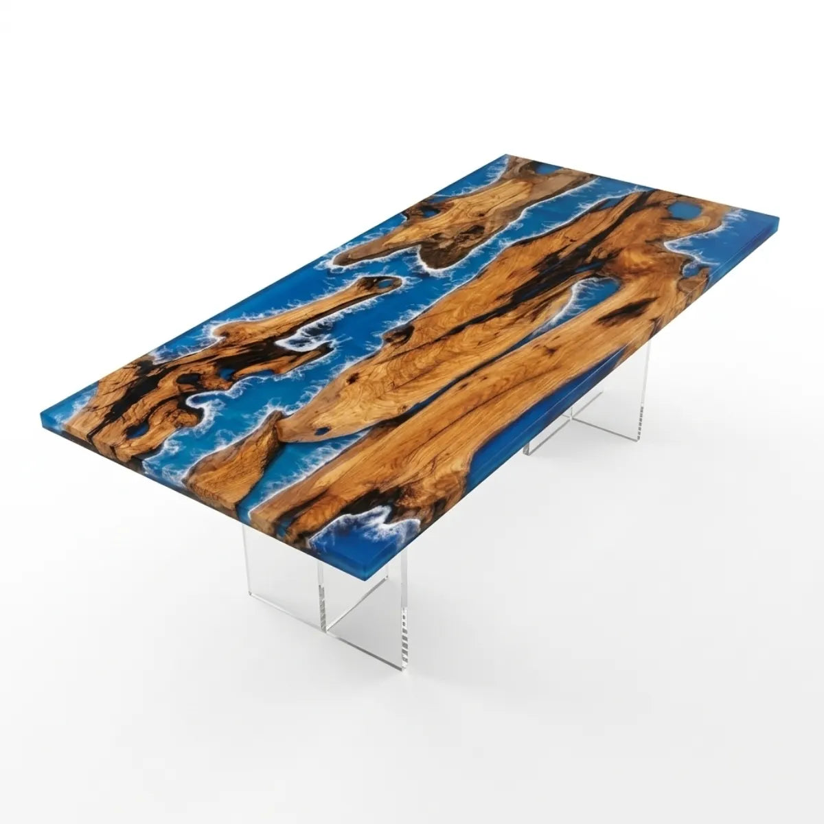 72 x 40 x 1.96 inch Olive Wood Blue & White Seawave resin Rectangular dining table photo 1