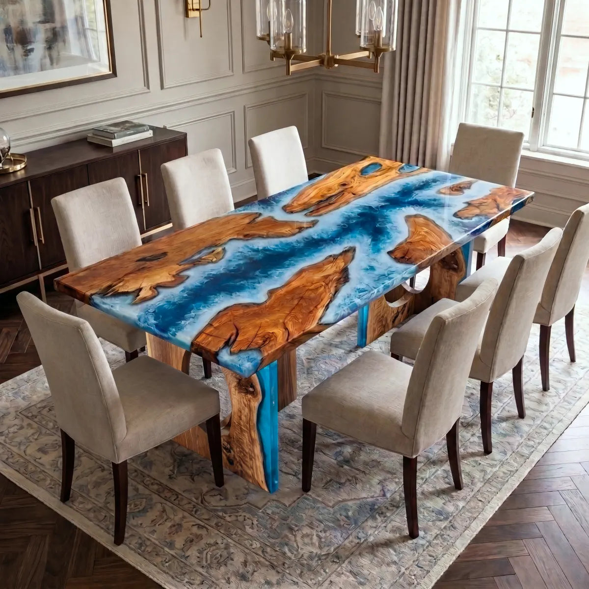 84 x 42 x 2.16 inch Olive Wood Blue Ocean Seawave resin Rectangular dining table photo 1