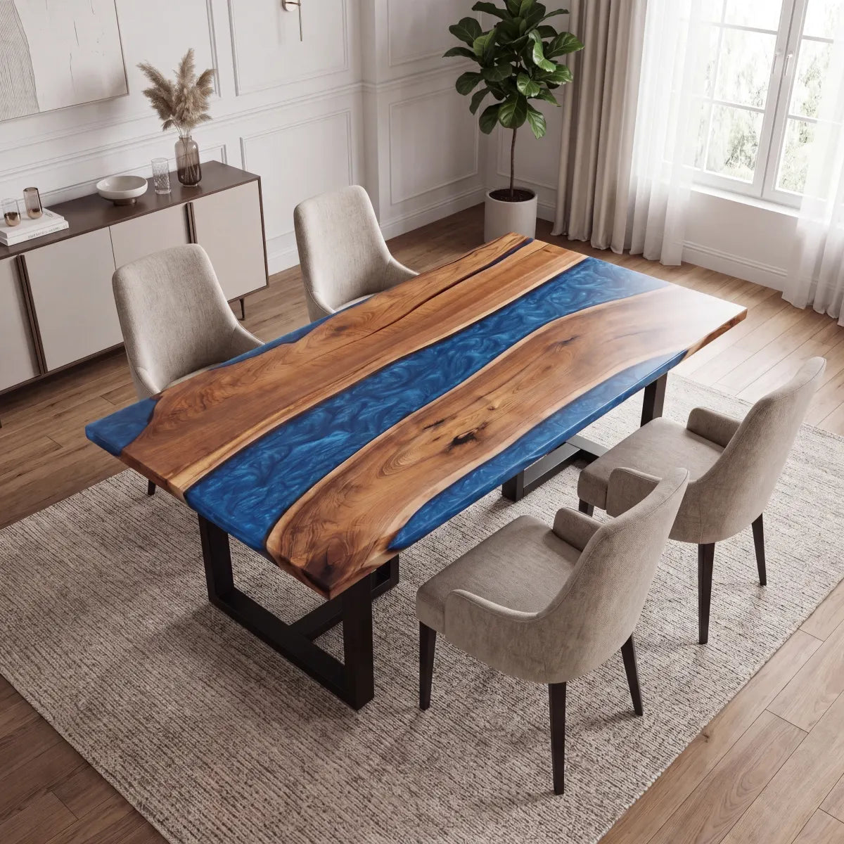 72 x 40 x 1.96 inch Black Walnut Blue Marbled Resin Rectangular Dining Table photo 5