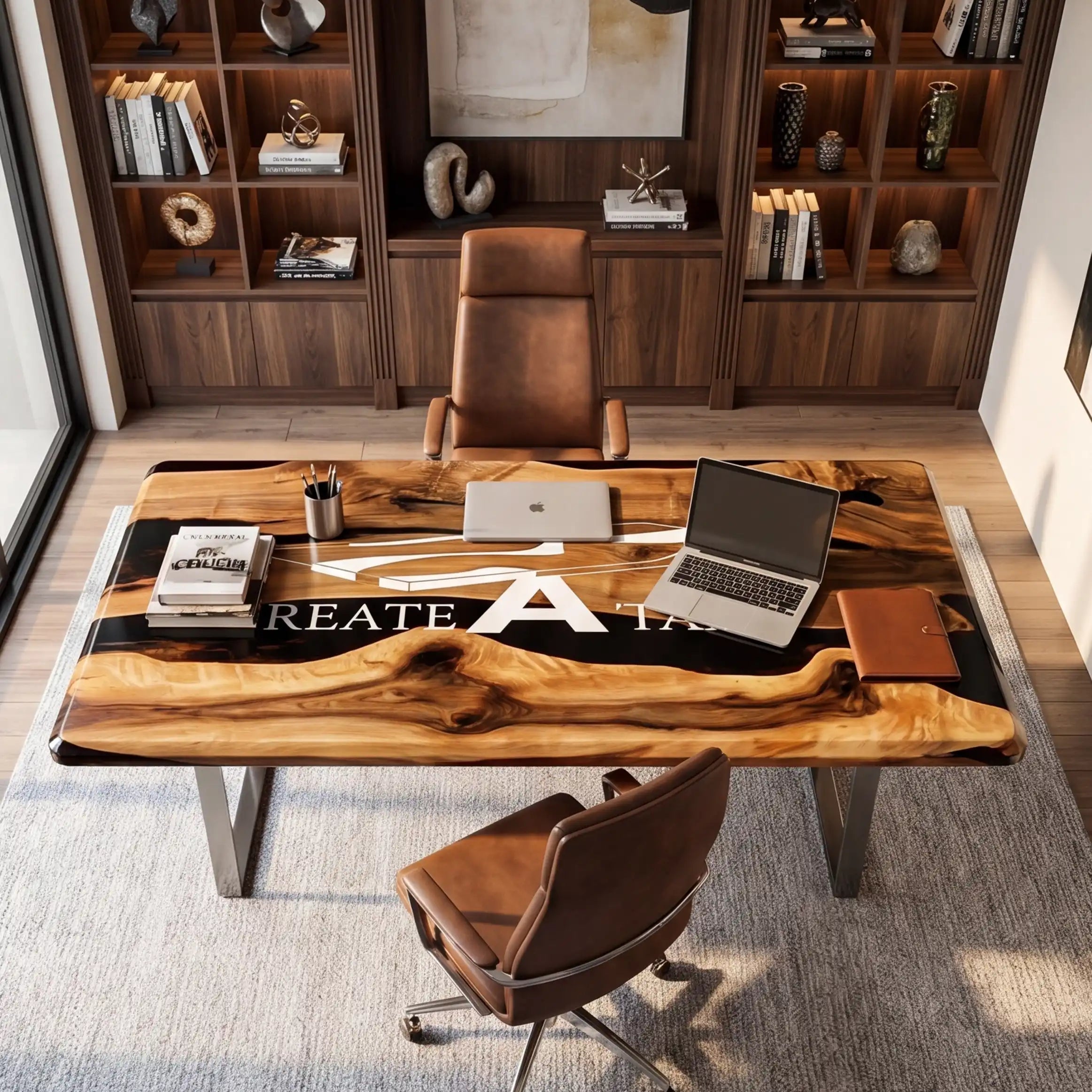 Custom Olive Wood and Black Resin “Executive Signature” Series Desk (With White Resin Inlay Logo) RD-42