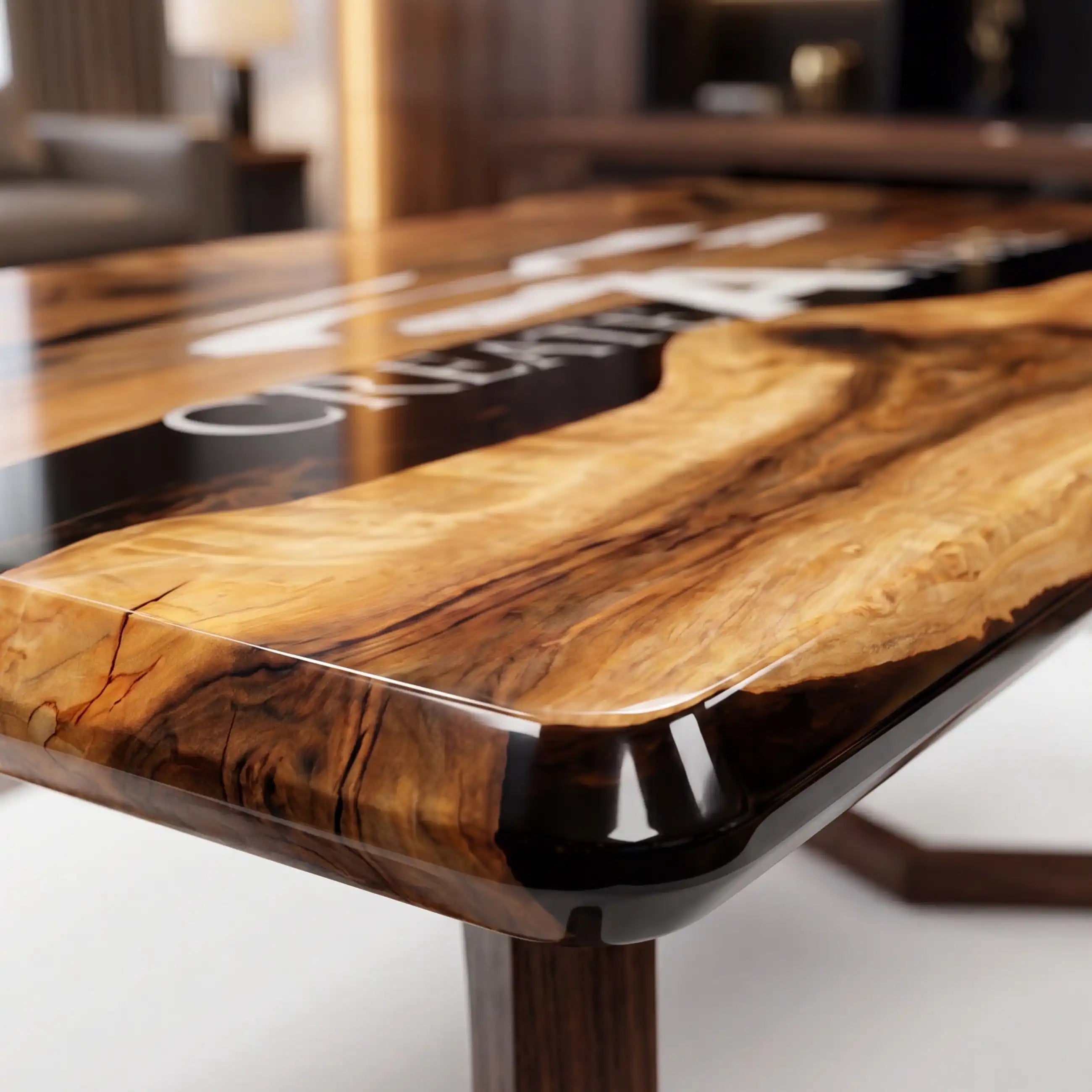 Custom Olive Wood and Black Resin “Executive Signature” Series Desk (With White Resin Inlay Logo) RD-42