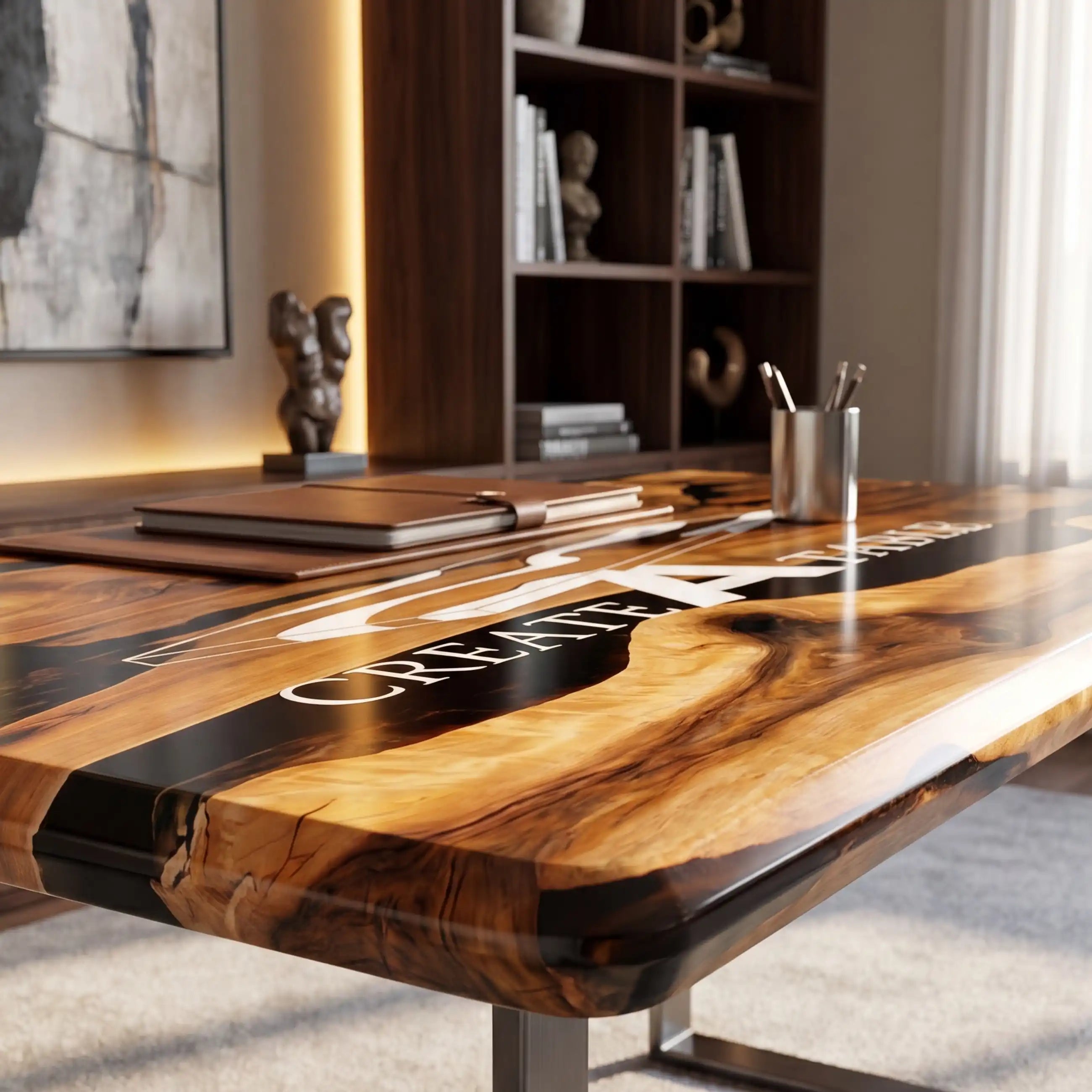 Custom Olive Wood and Black Resin “Executive Signature” Series Desk (With White Resin Inlay Logo) RD-42