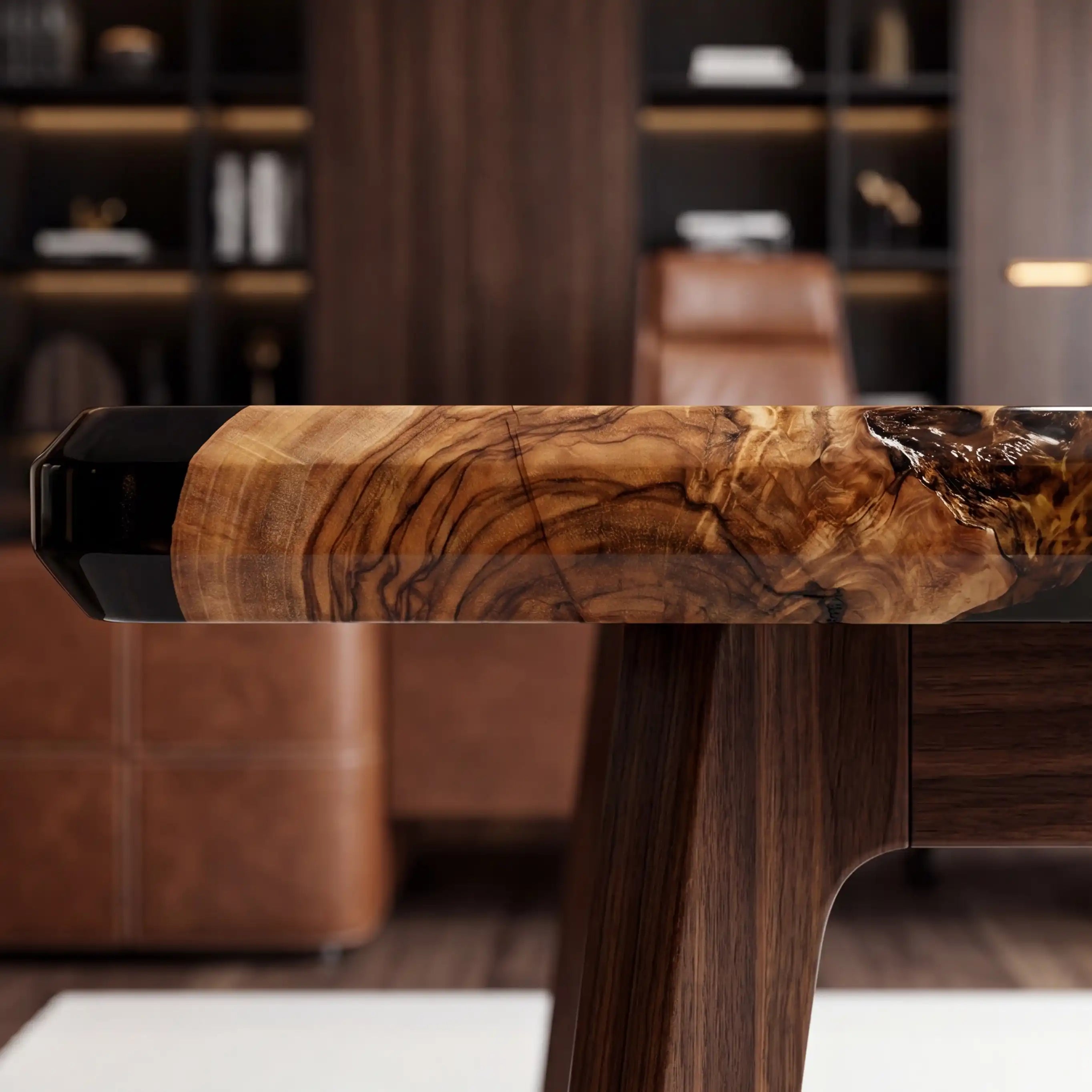 Custom Olive Wood and Black Resin “Executive Signature” Series Desk (With White Resin Inlay Logo) RD-42