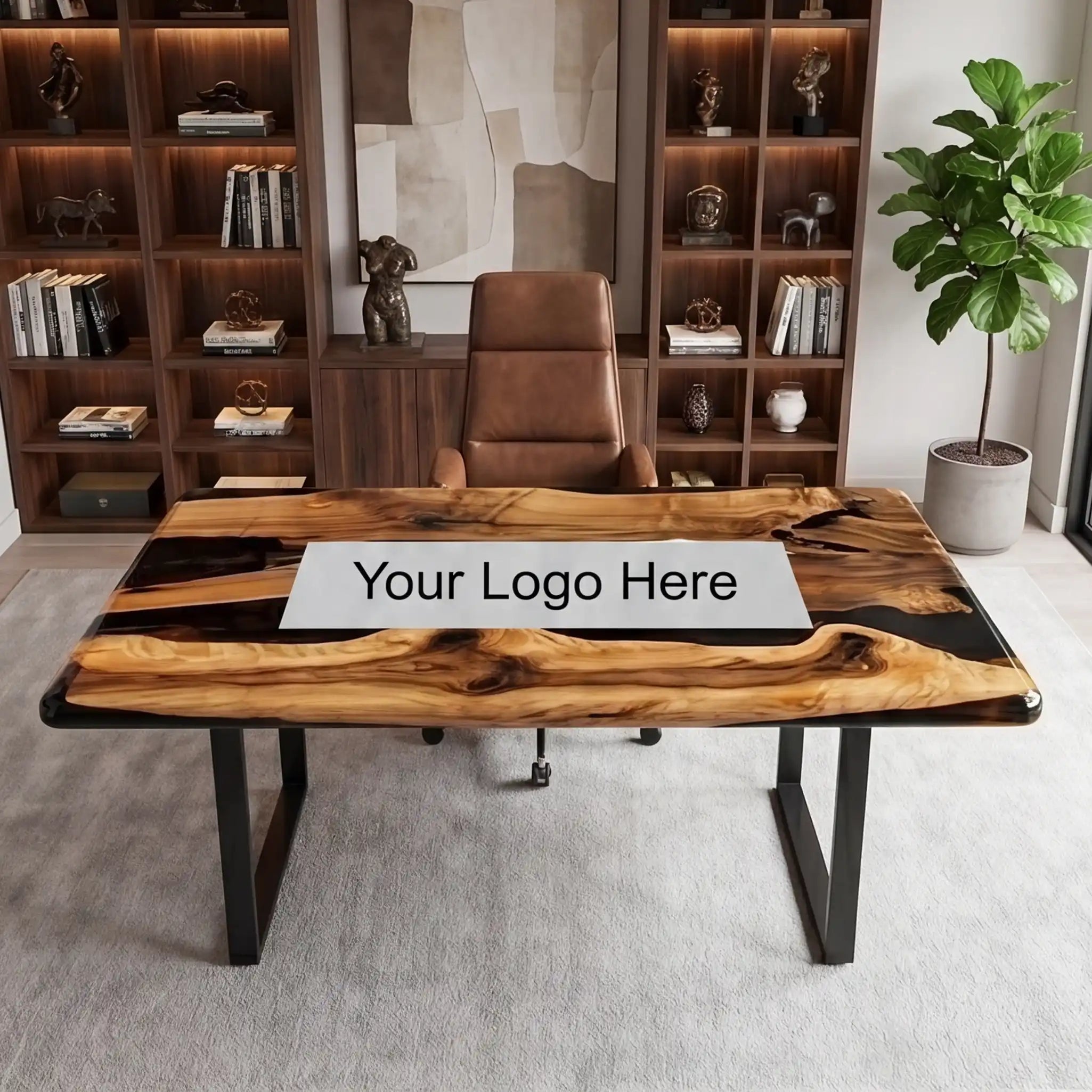 Custom Olive Wood and Black Resin “Executive Signature” Series Desk (With White Resin Inlay Logo) RD-42