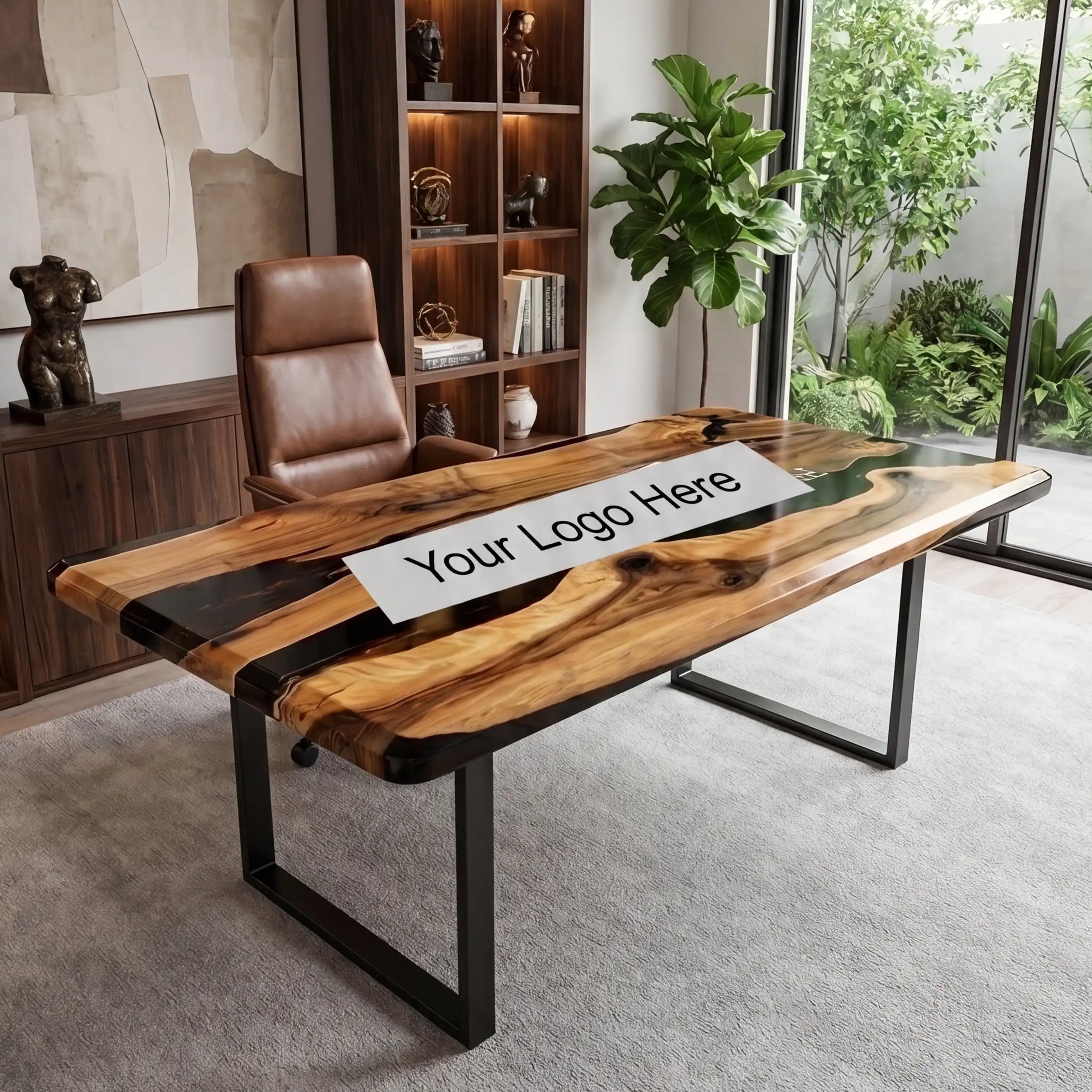 Custom Olive Wood and Black Resin “Executive Signature” Series Desk (With White Resin Inlay Logo) RD-42