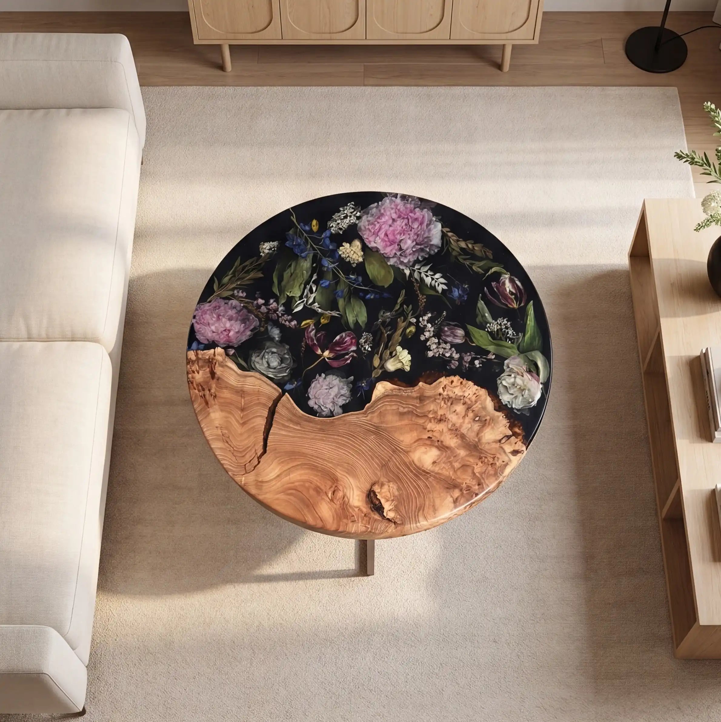 Olive Wood & Botanical Midnight Floral Resin Round Coffee Table ORT23