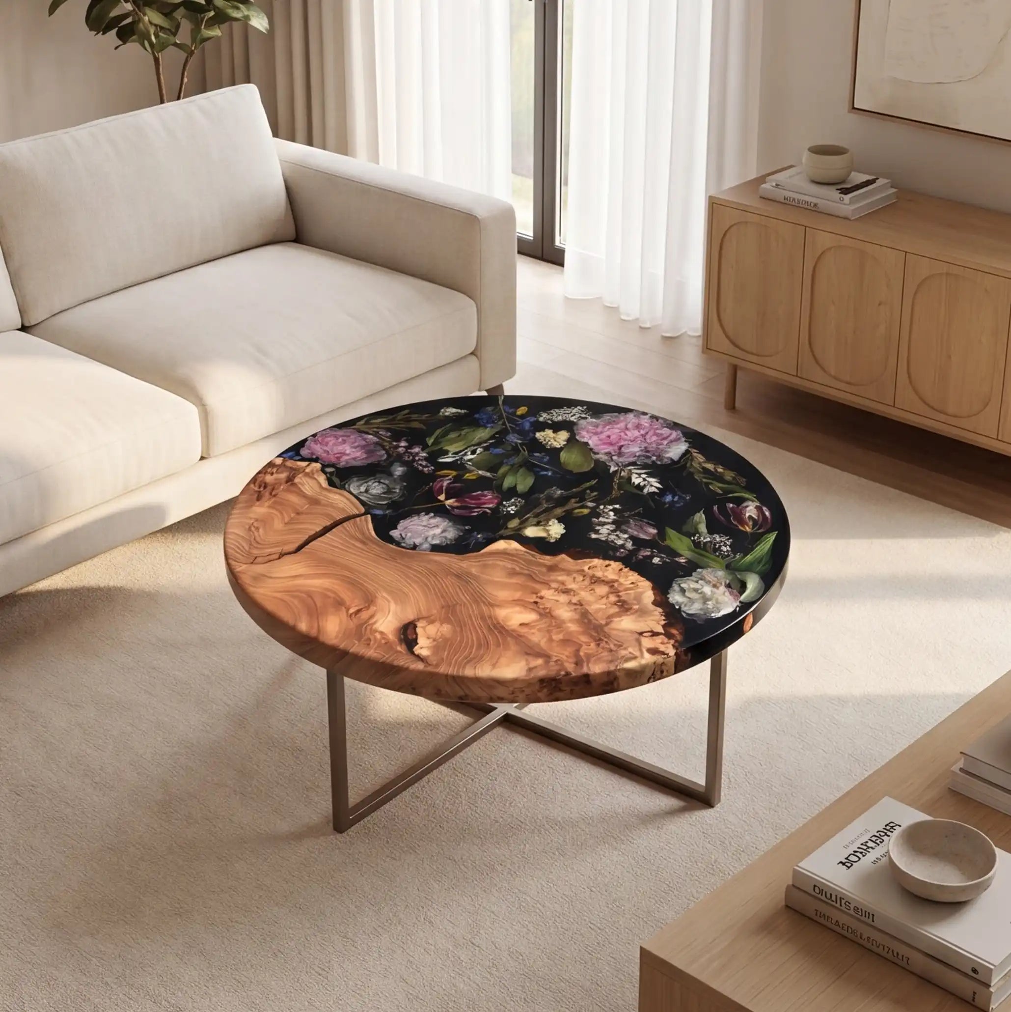 Olive Wood & Botanical Midnight Floral Resin Round Coffee Table ORT23