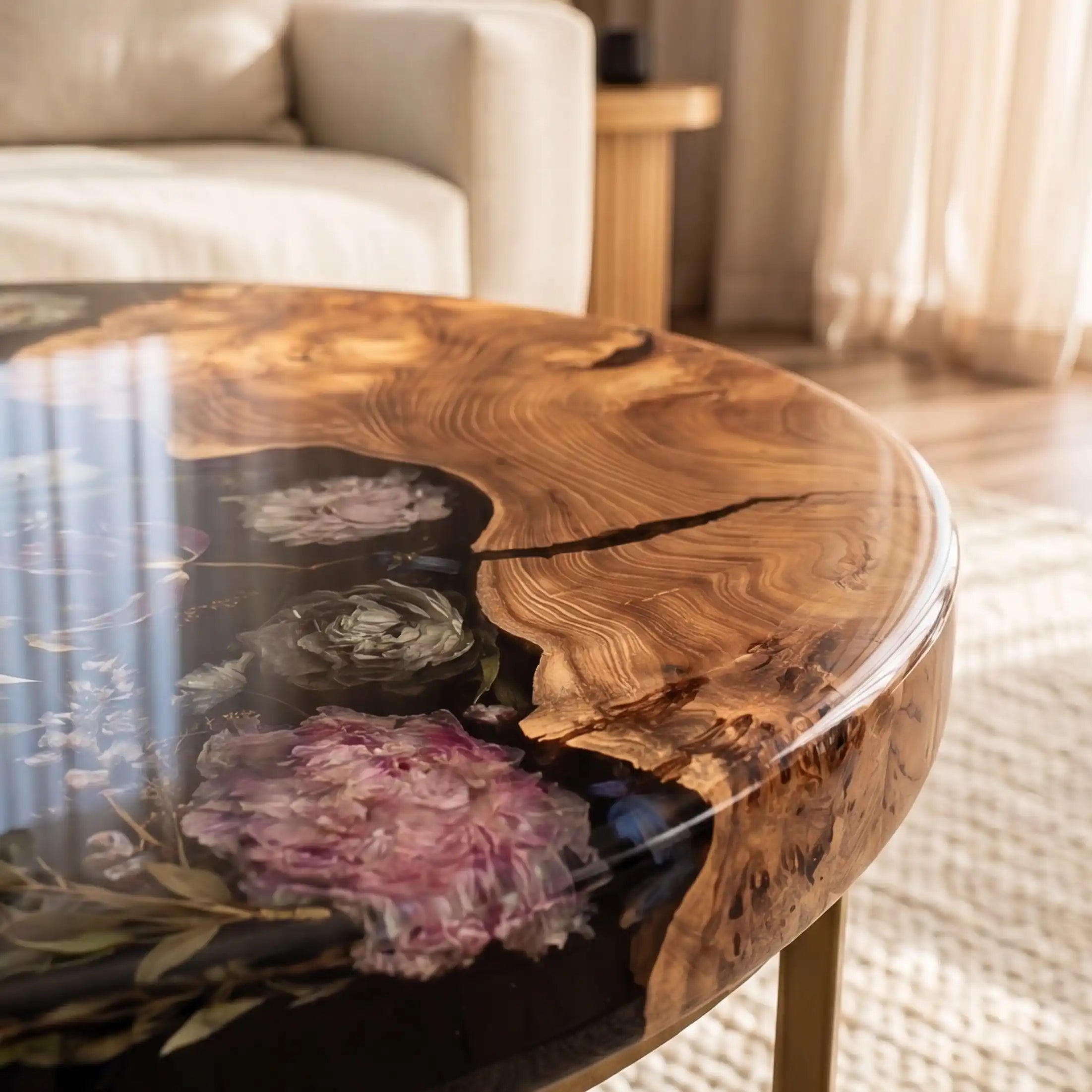 Olive Wood & Botanical Midnight Floral Resin Round Coffee Table ORT23