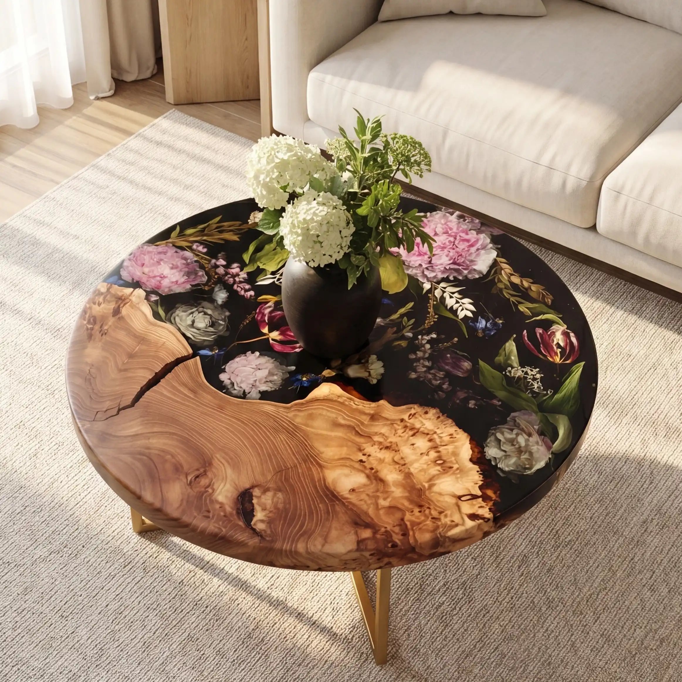 Olive Wood & Botanical Midnight Floral Resin Round Coffee Table ORT23