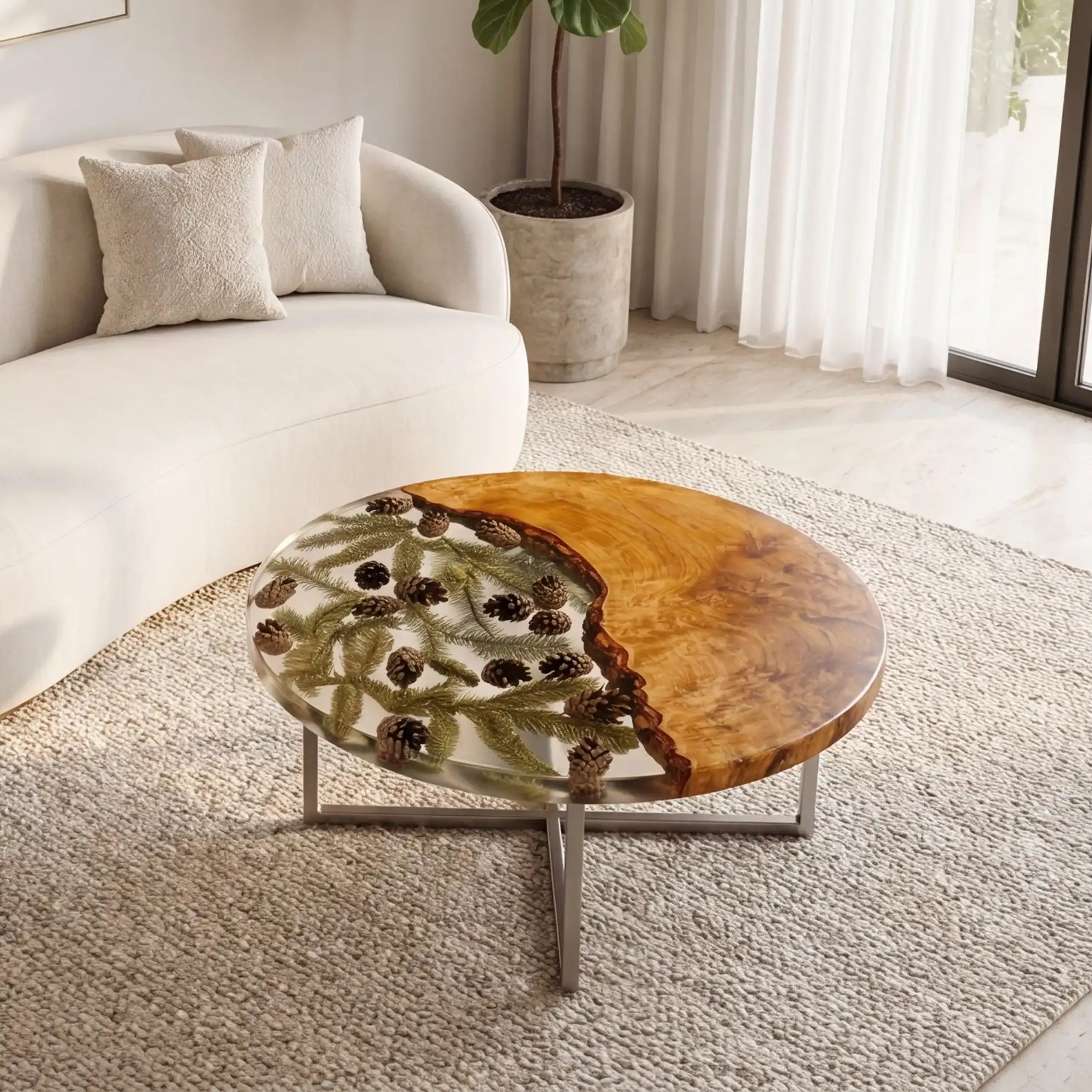 Olive Wood & Clear Pinecone Resin Round Coffee Table ORT30