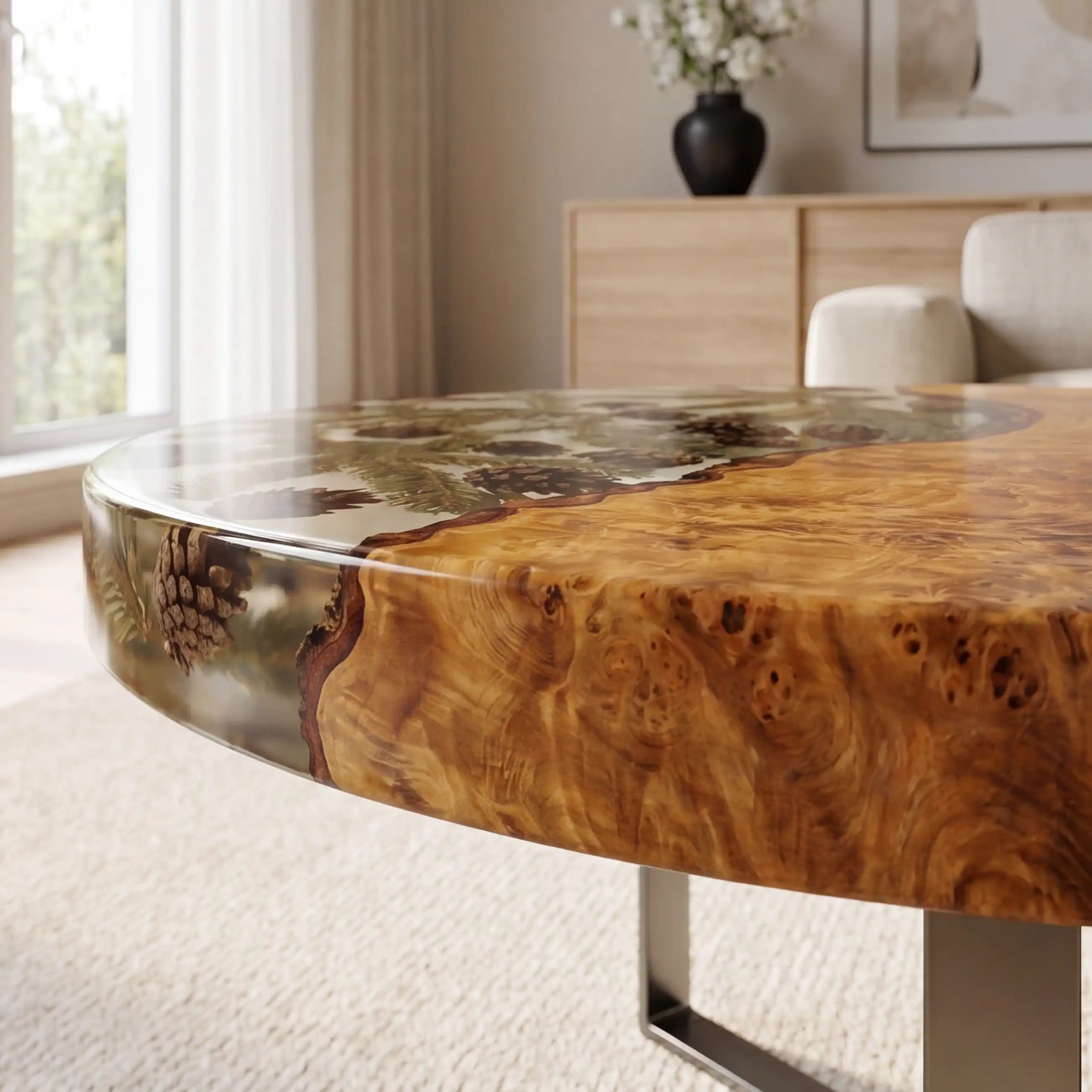 Olive Wood & Clear Pinecone Resin Round Coffee Table ORT30