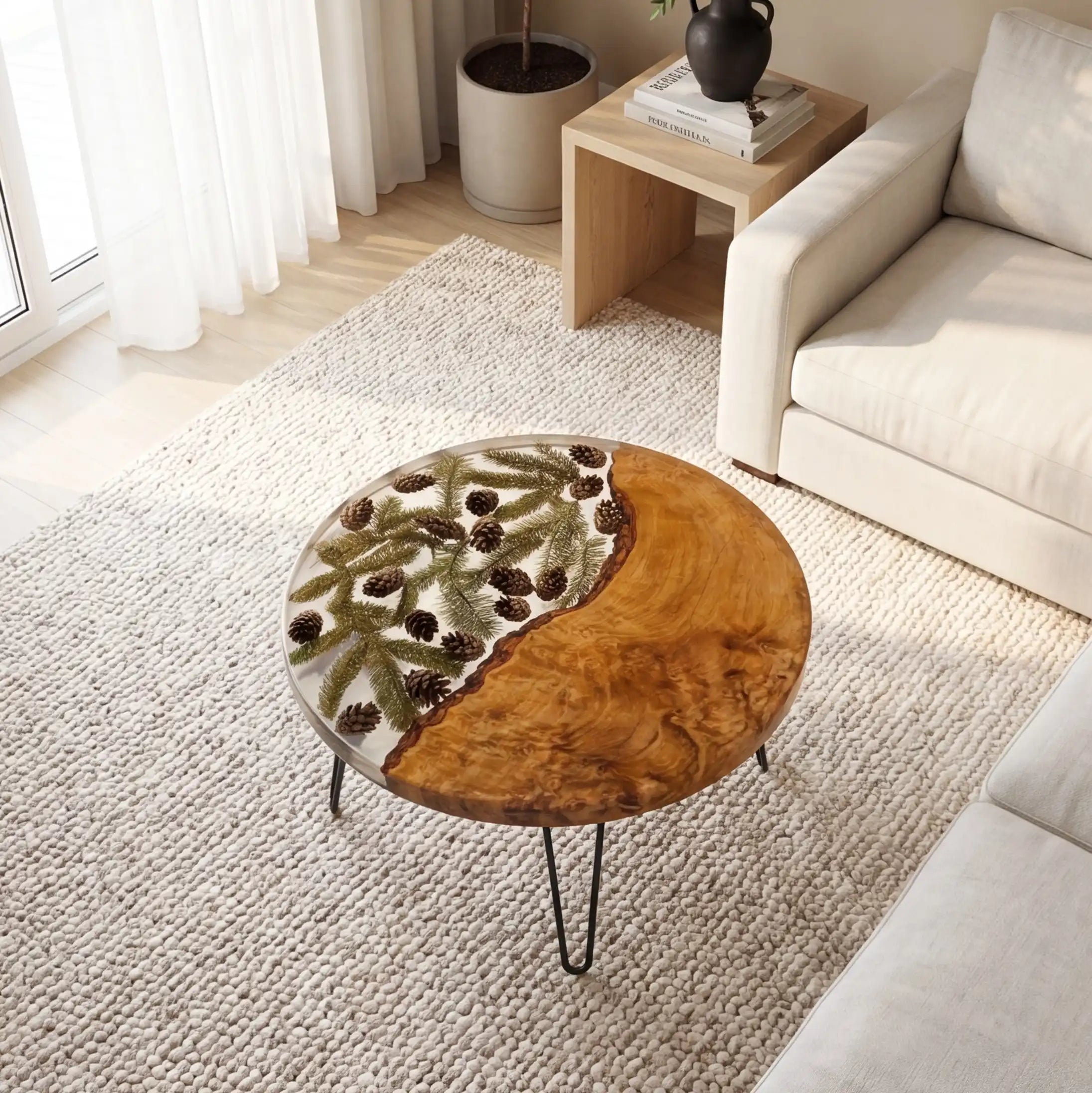 Olive Wood & Clear Pinecone Resin Round Coffee Table ORT30