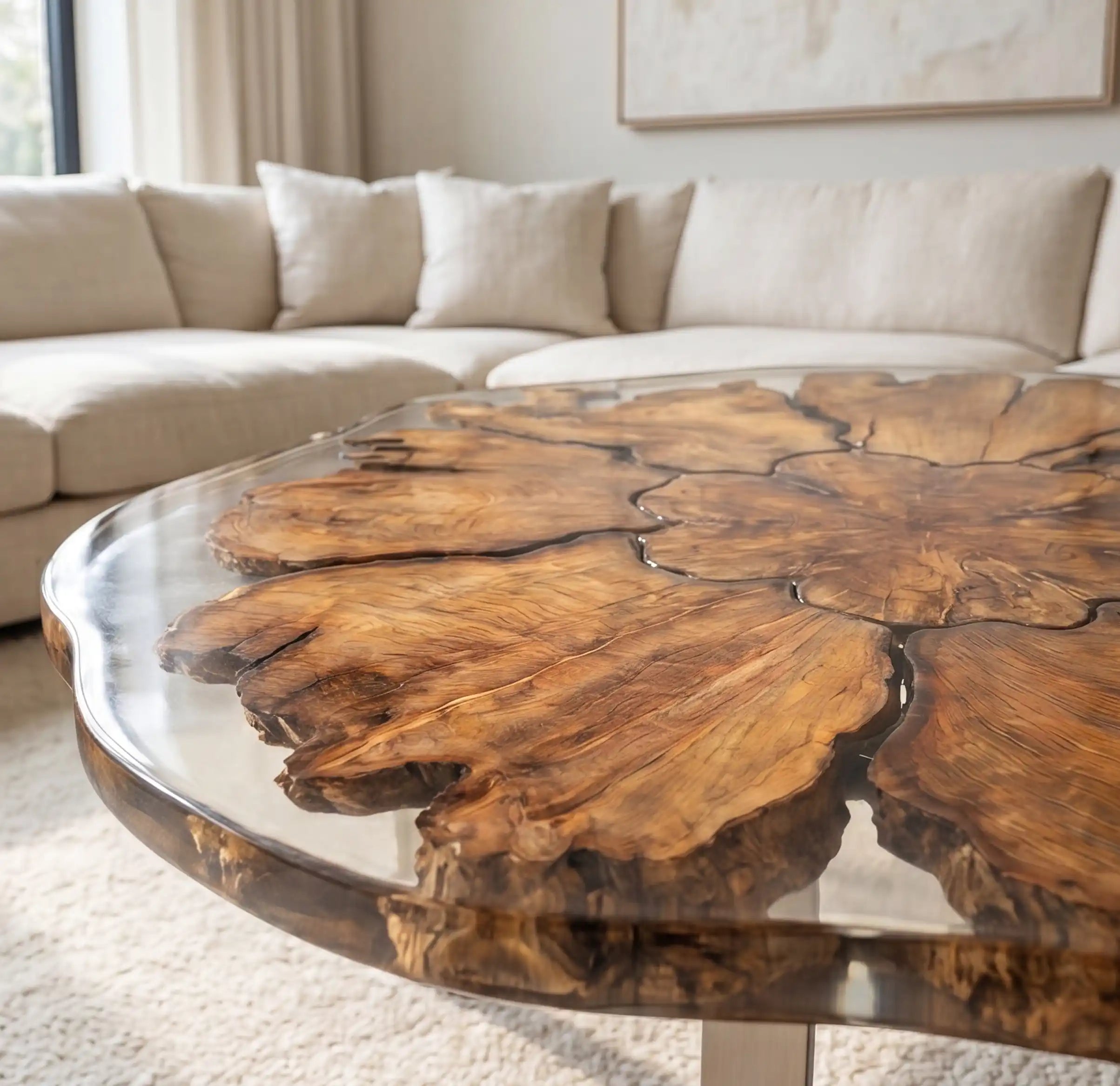 Olive Wood & Clear Resin Round Coffee Table ORT29