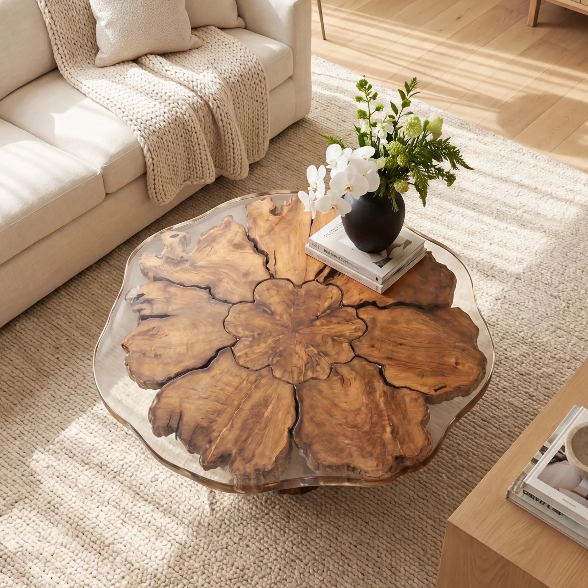 Olive Wood & Clear Resin Round Coffee Table ORT29