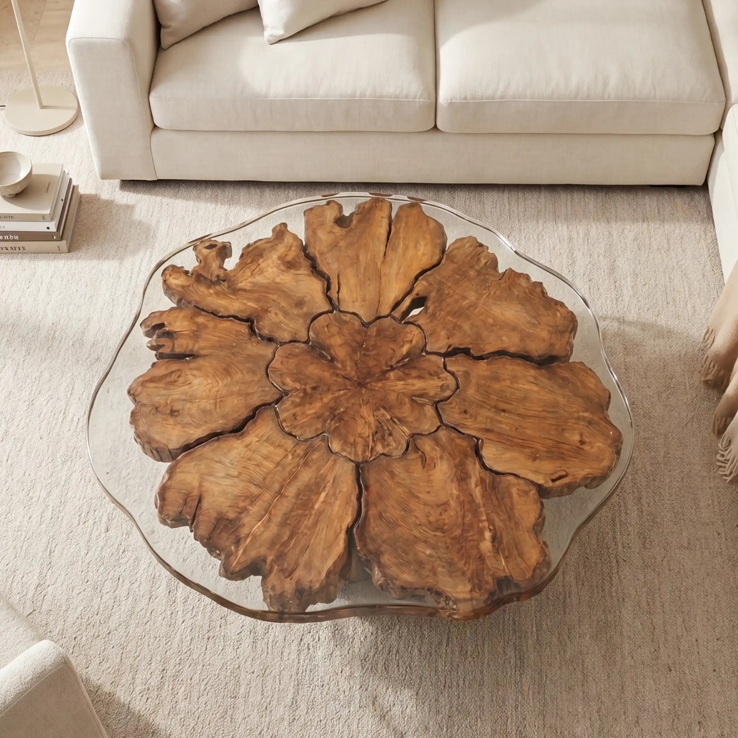 Olive Wood & Clear Resin Round Coffee Table ORT29