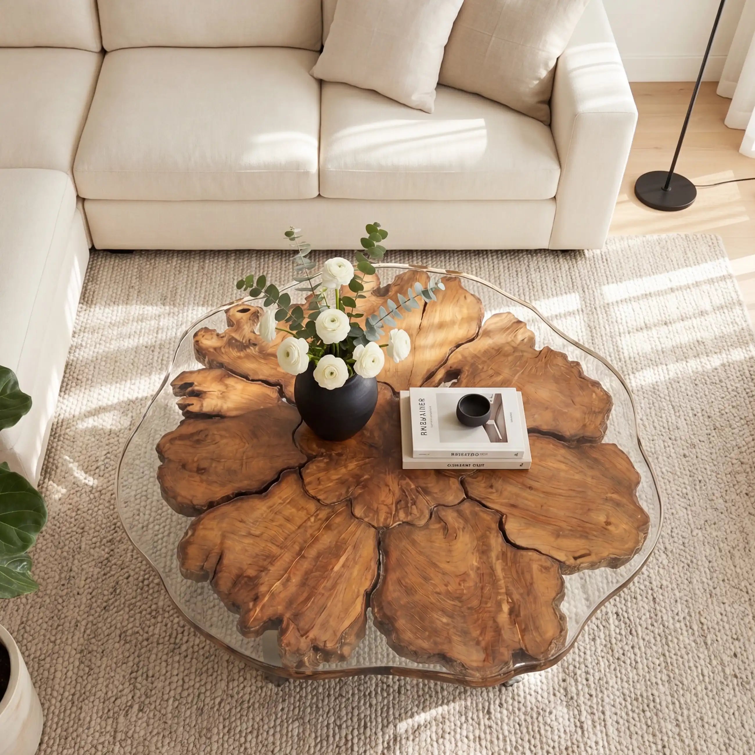 Olive Wood & Clear Resin Round Coffee Table ORT29